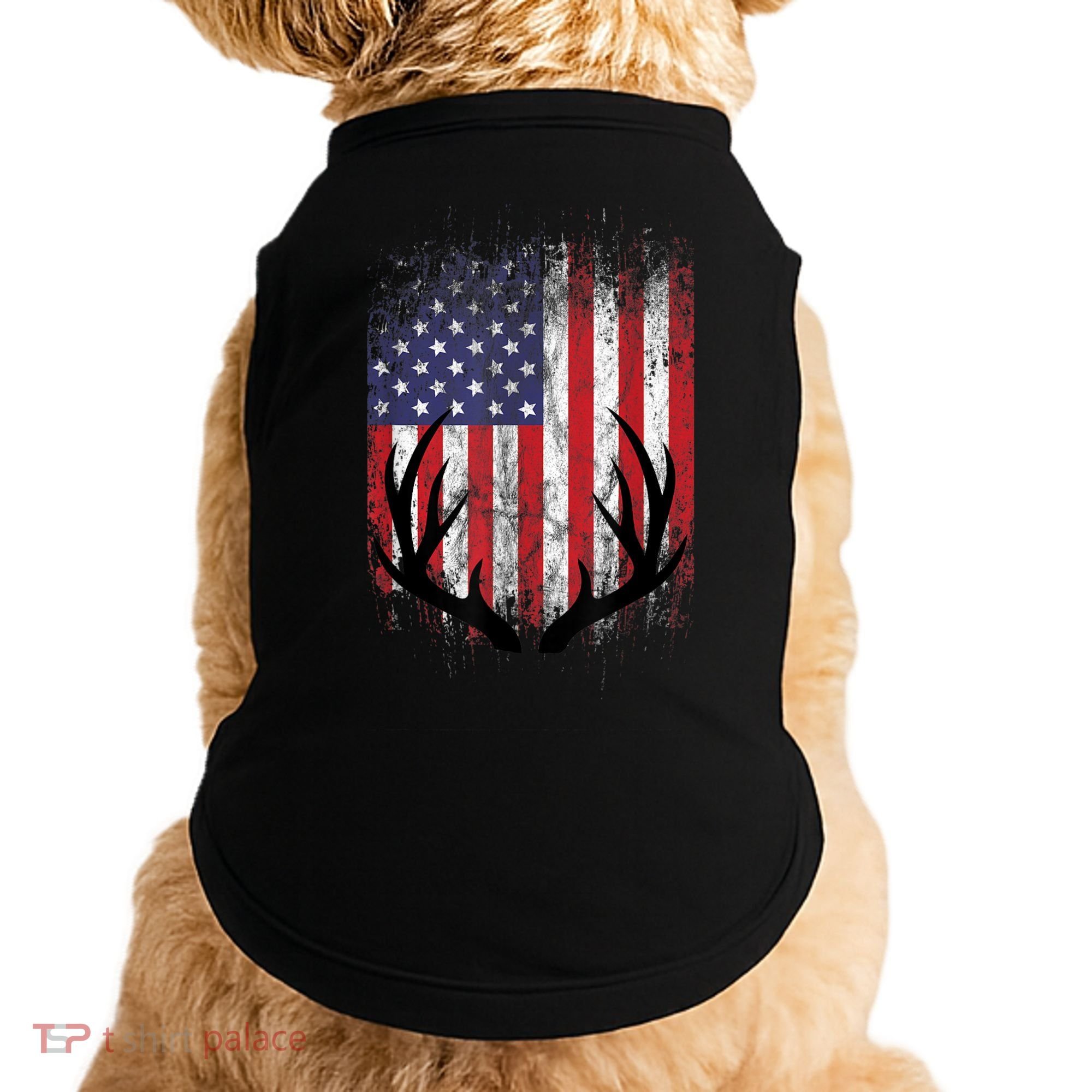 Deer Hunting American Flag Whitetail Buck Antlers Doggie Tank