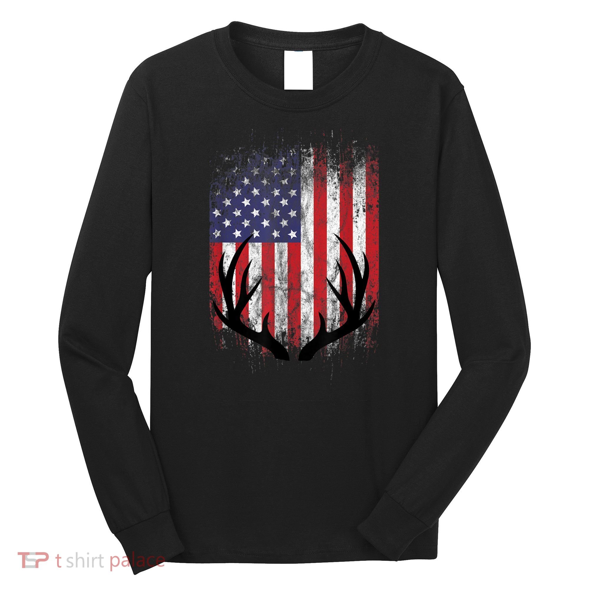 Deer Hunting American Flag Whitetail Buck Antlers Long Sleeve Shirt