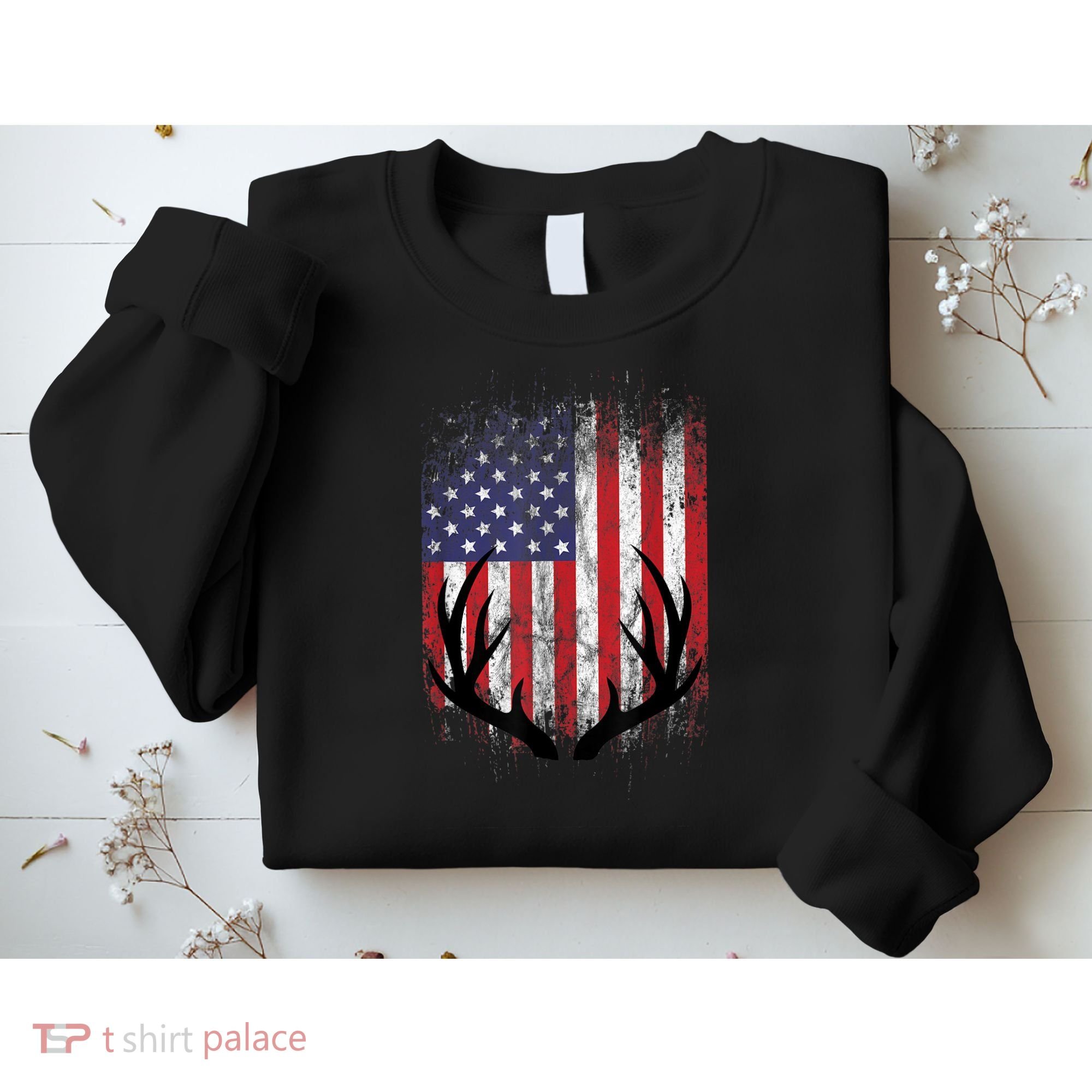 Deer Hunting American Flag Whitetail Buck Antlers Sweatshirt