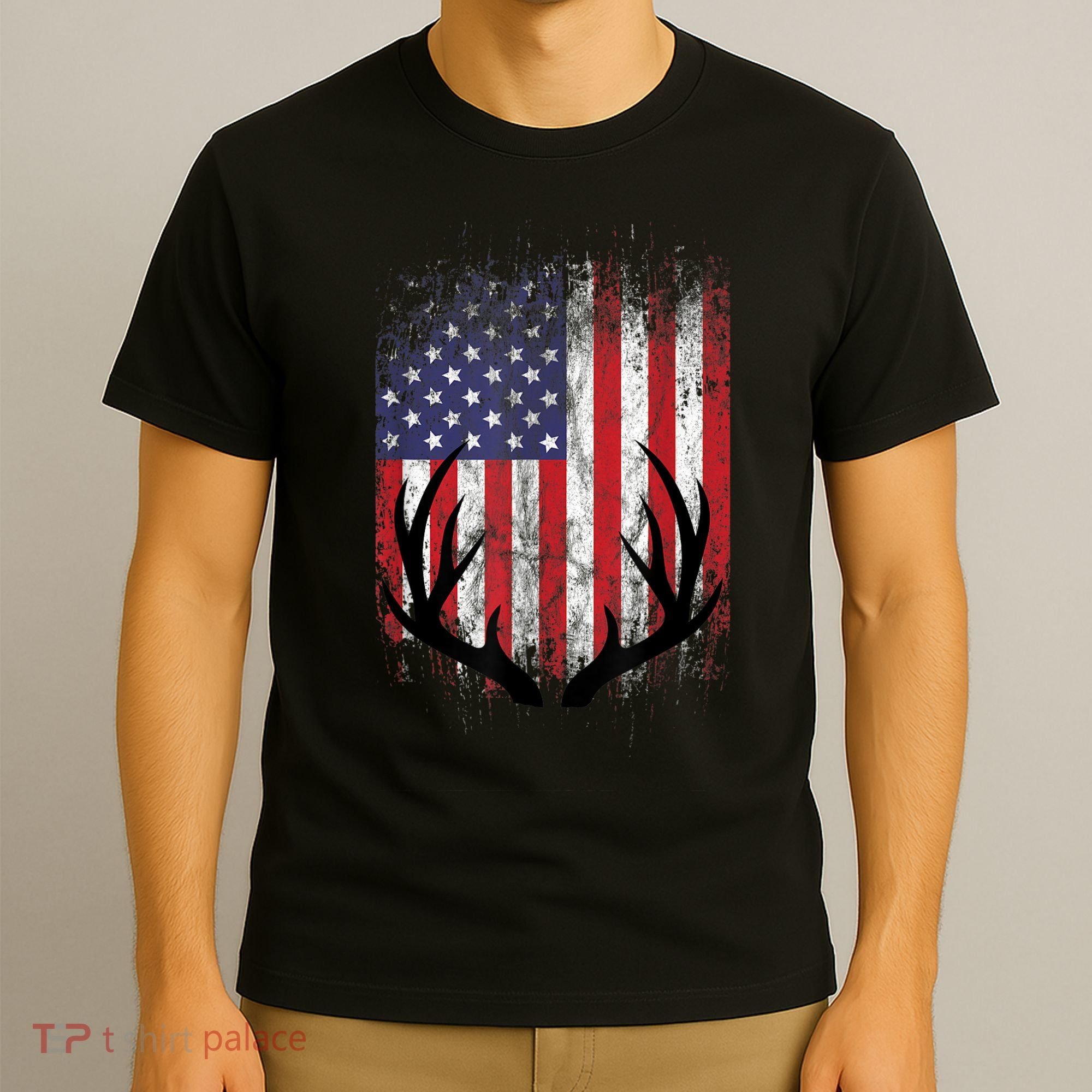 Deer Hunting American Flag Whitetail Buck Antlers T-Shirt