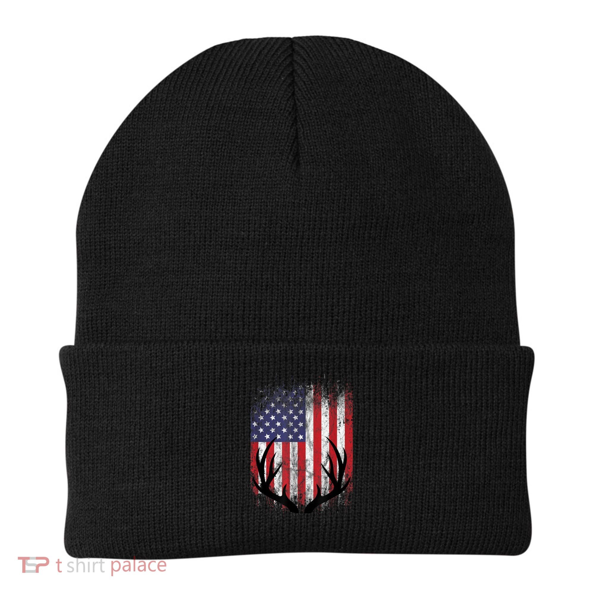 Deer Hunting American Flag Whitetail Buck Antlers Beanie