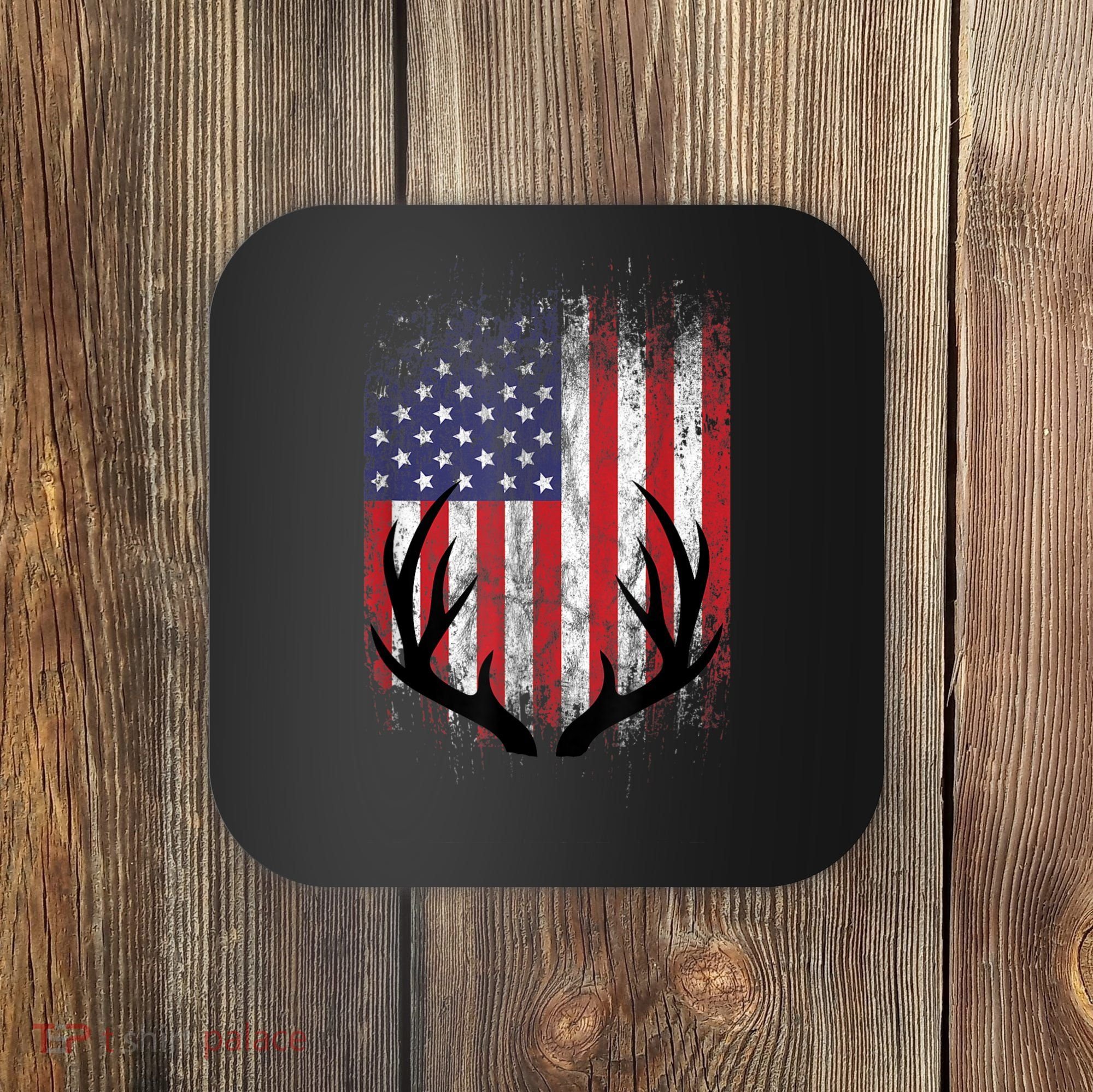 Deer Hunting American Flag Whitetail Buck Antlers Coaster