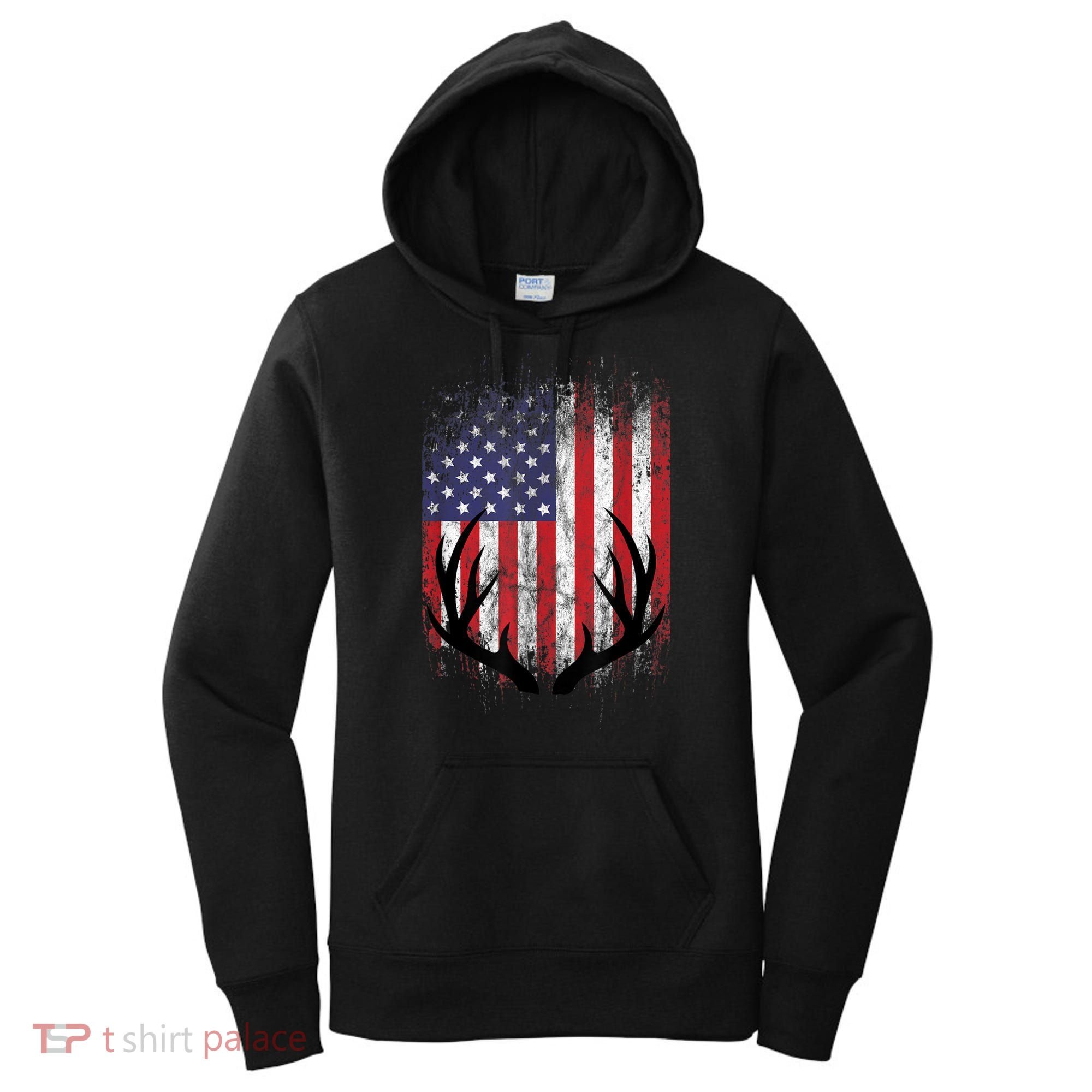 Deer Hunting American Flag Whitetail Buck Antlers Women's Hoodie