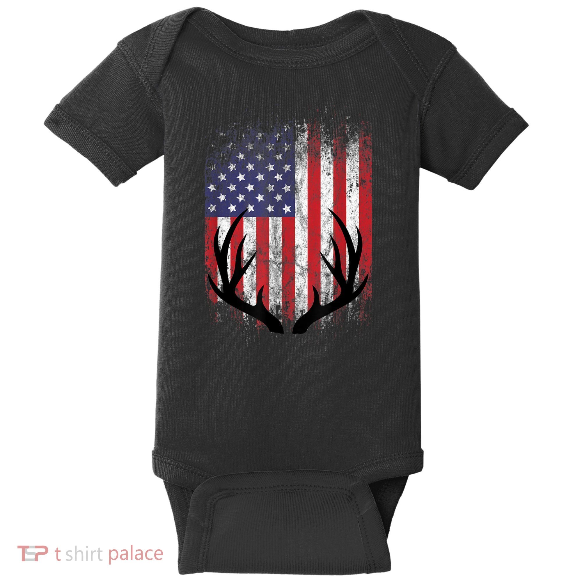 Deer Hunting American Flag Whitetail Buck Antlers Baby Bodysuit