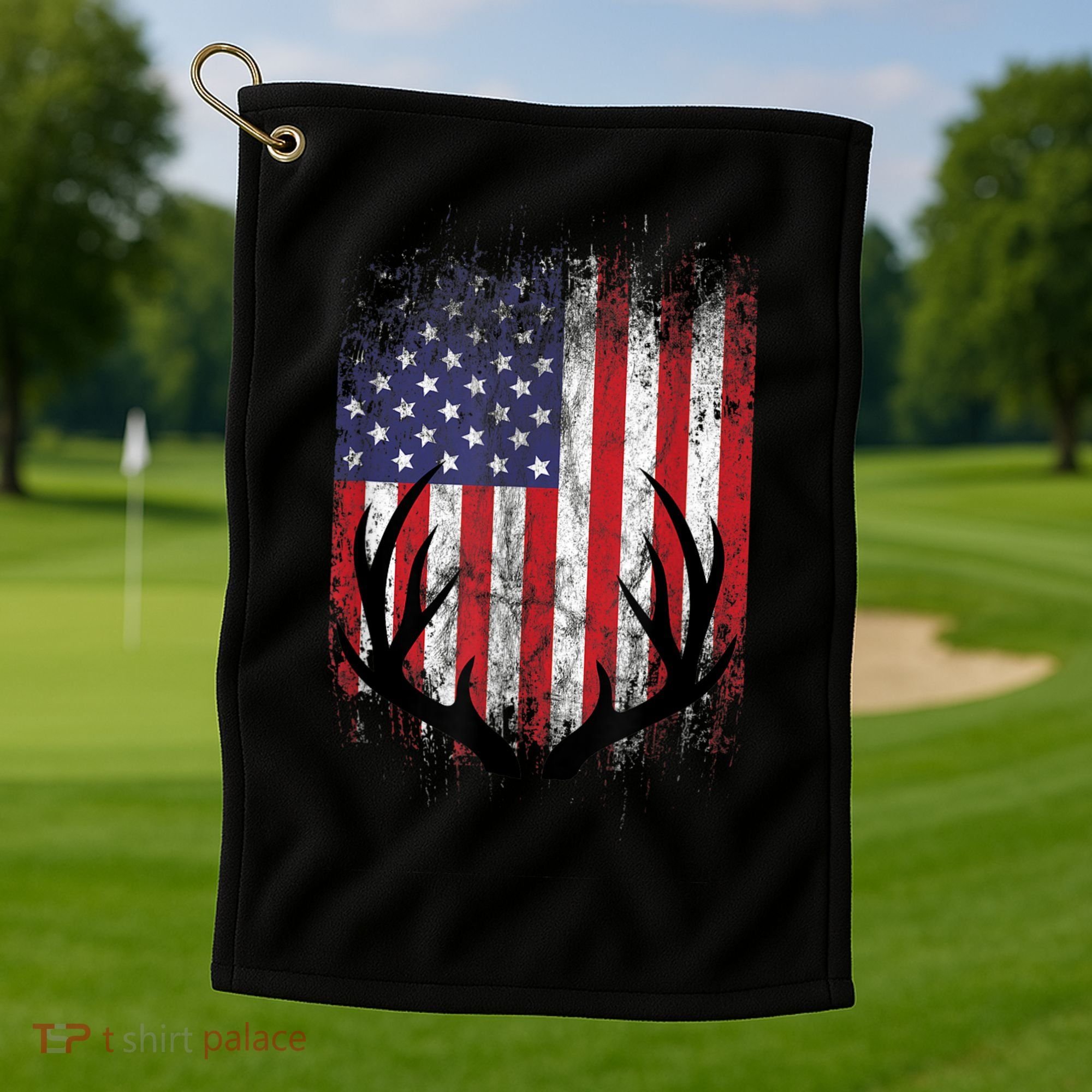 Deer Hunting American Flag Whitetail Buck Antlers Golf Towel