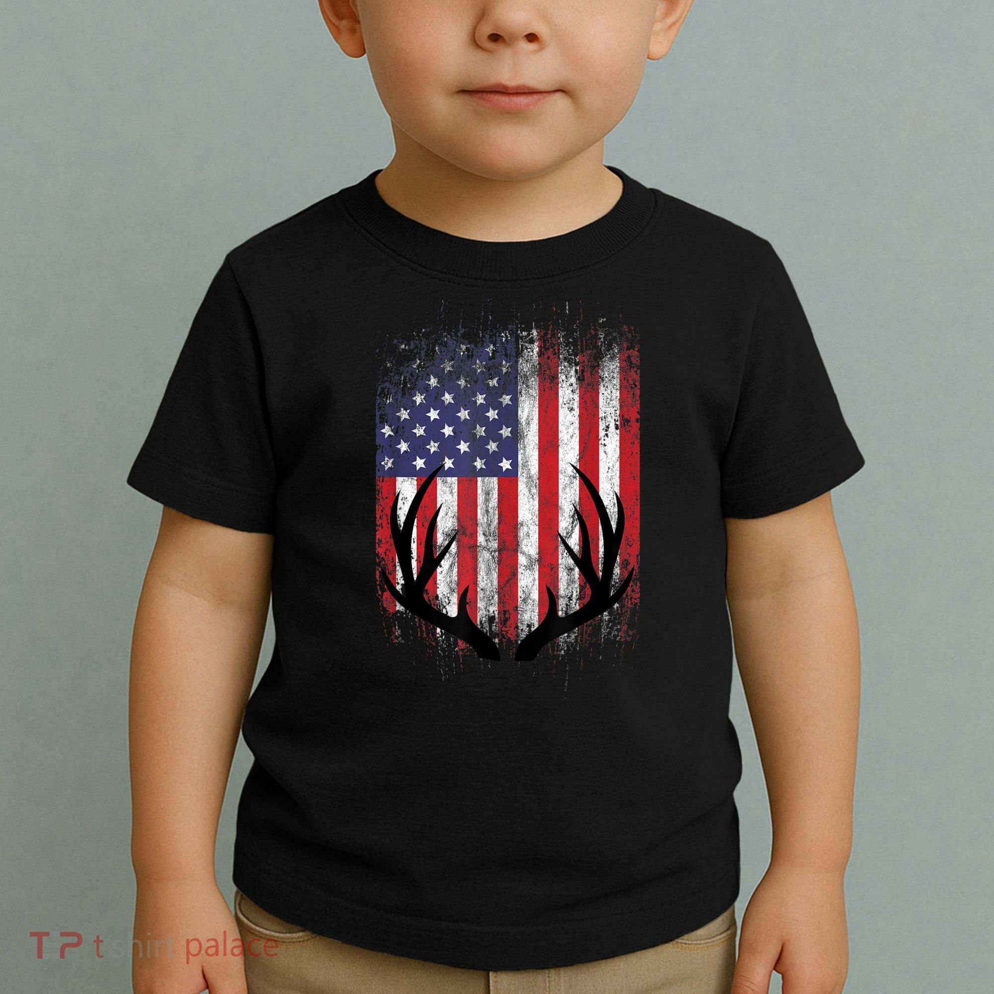 Deer Hunting American Flag Whitetail Buck Antlers Toddler T-Shirt