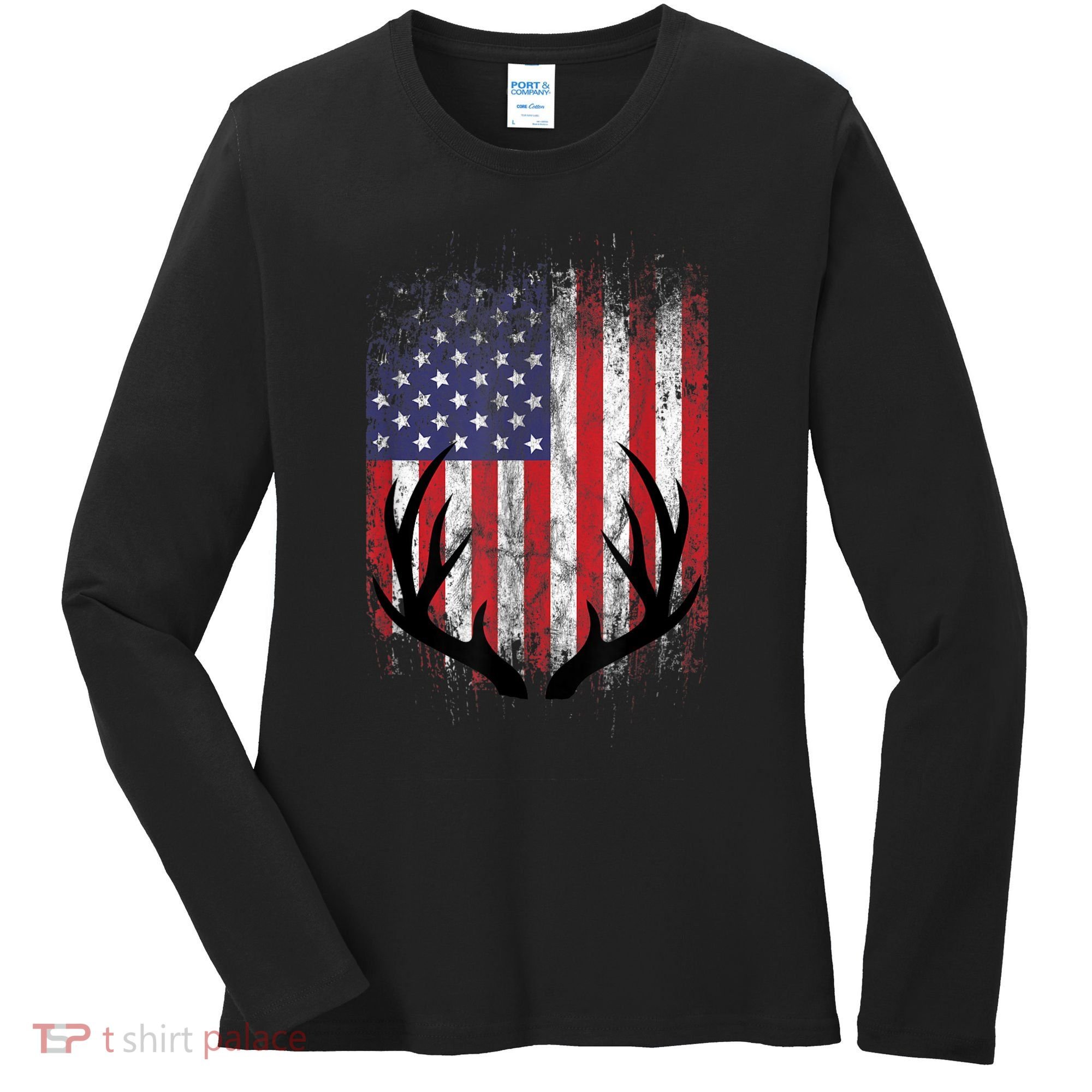 Deer Hunting American Flag Whitetail Buck Antlers Women's Long Sleeve Shirt