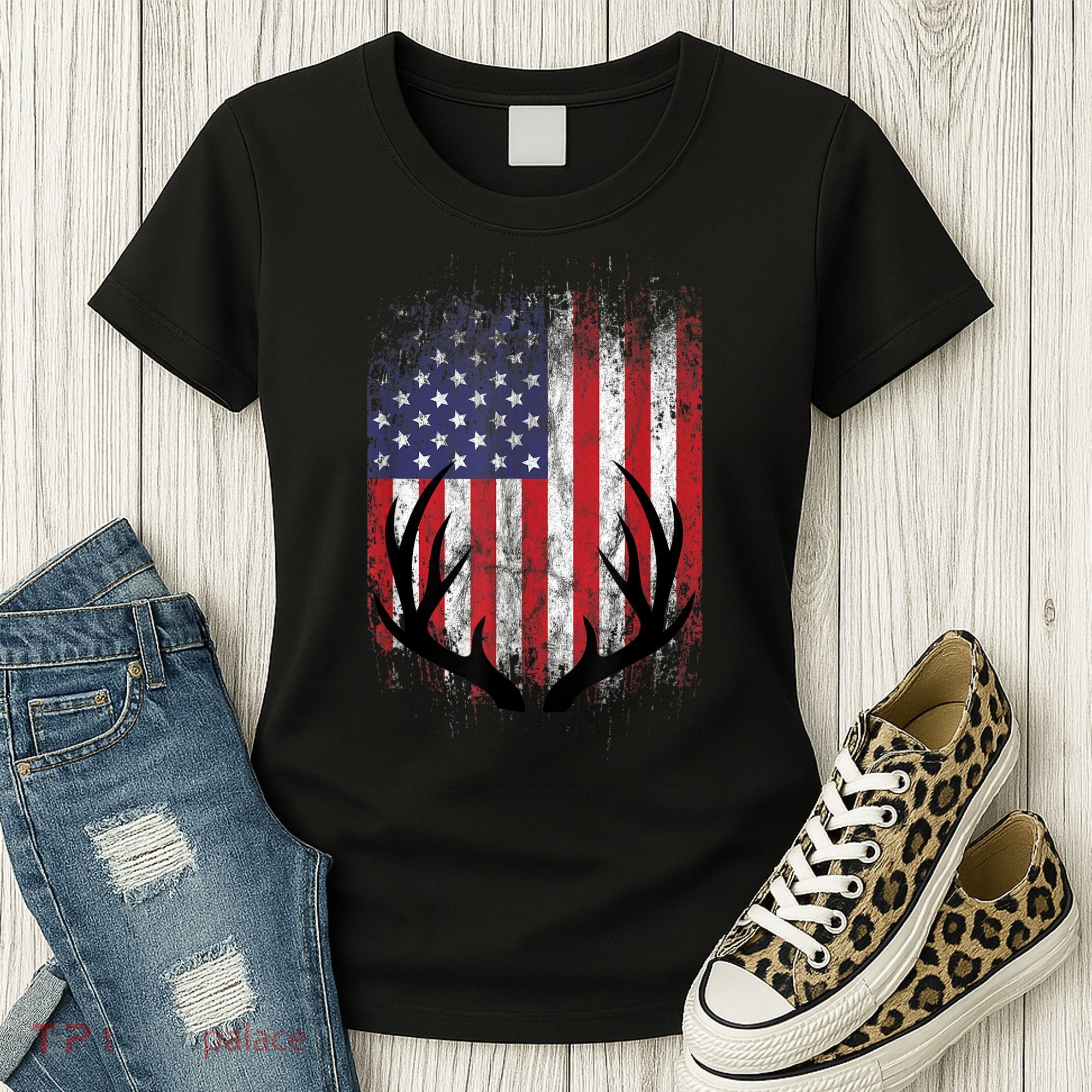 Deer Hunting American Flag Whitetail Buck Antlers Women's T-Shirt