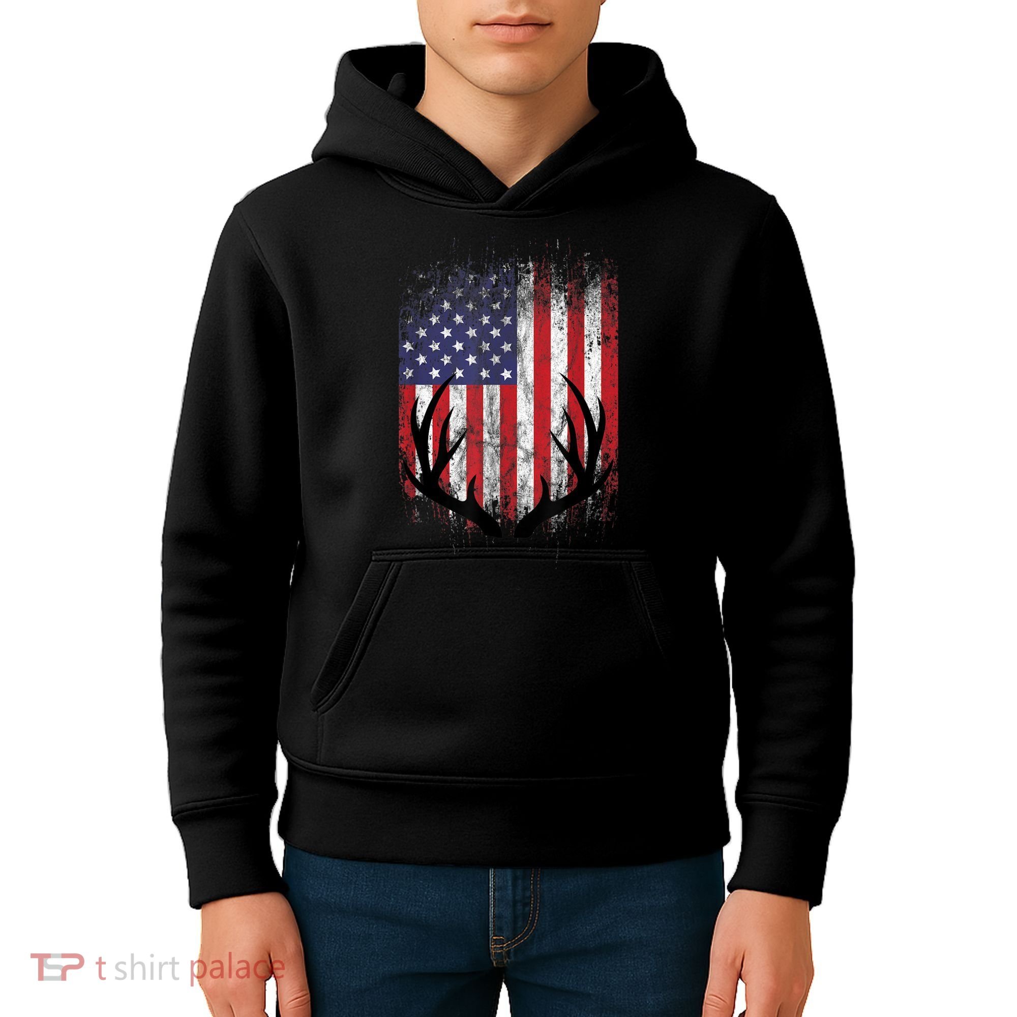 Deer Hunting American Flag Whitetail Buck Antlers Kids Hoodie