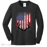 Deer Hunting American Flag Whitetail Buck Antlers Kids Long Sleeve Shirt thumb 0