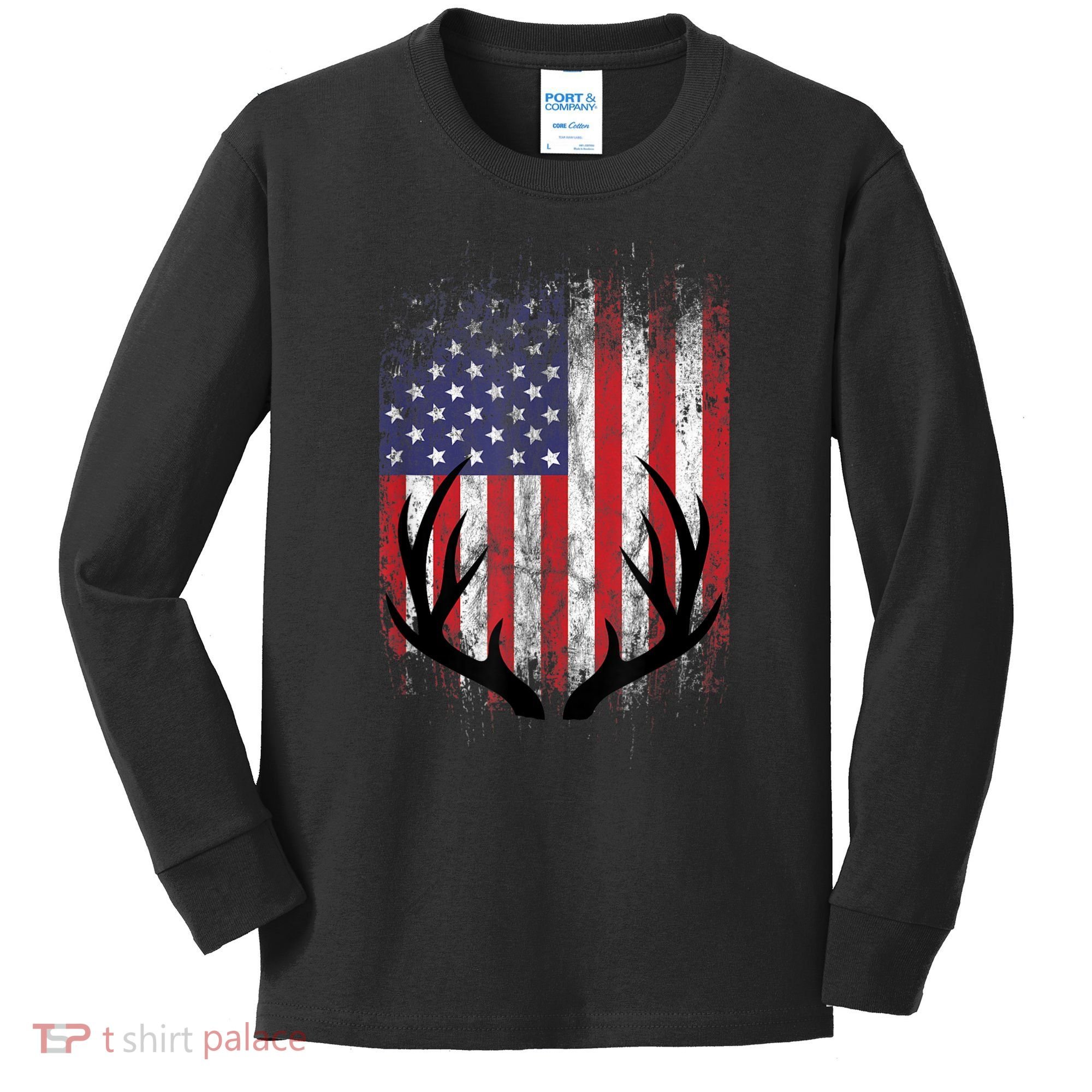 Deer Hunting American Flag Whitetail Buck Antlers Kids Long Sleeve Shirt