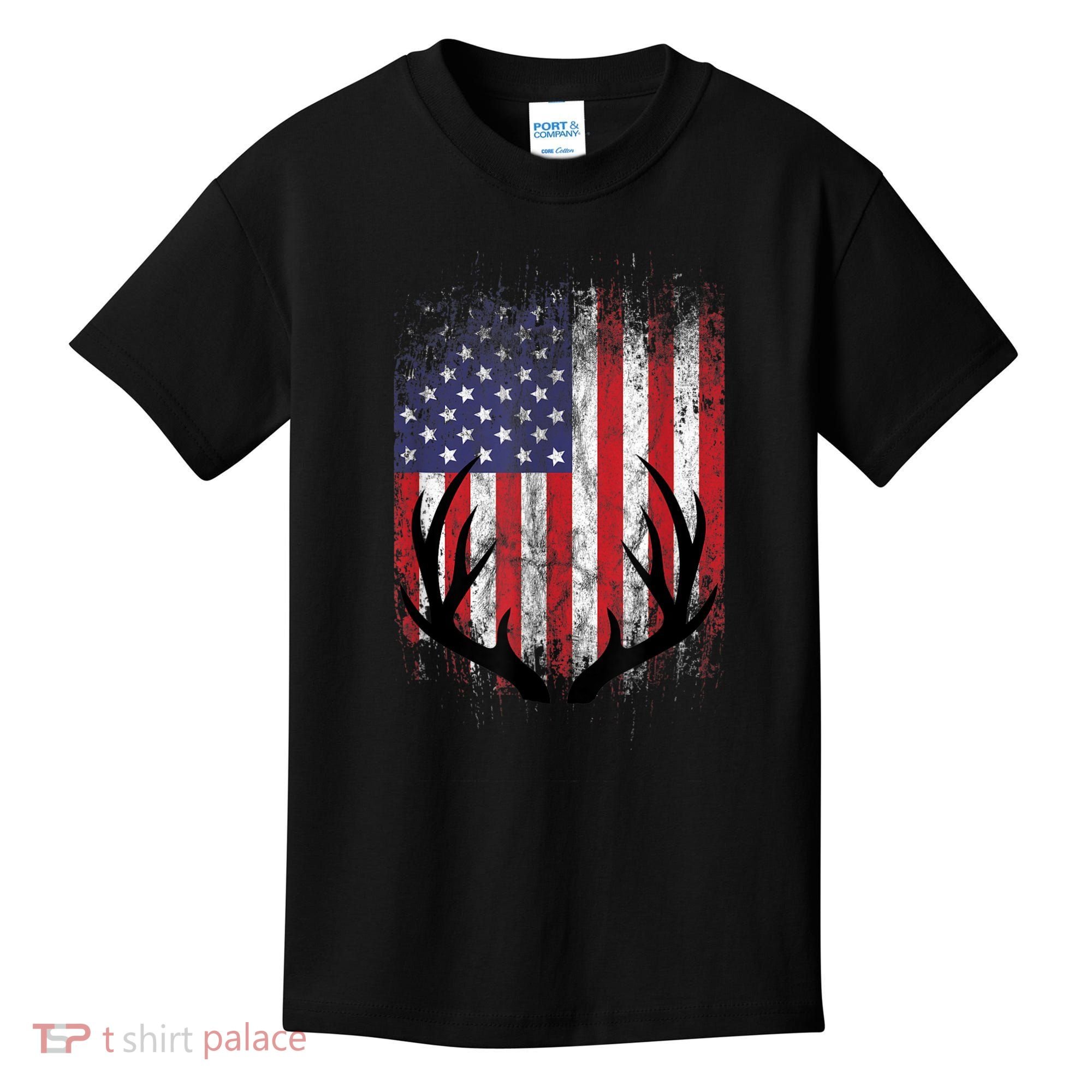 Deer Hunting American Flag Whitetail Buck Antlers Kids T-Shirt