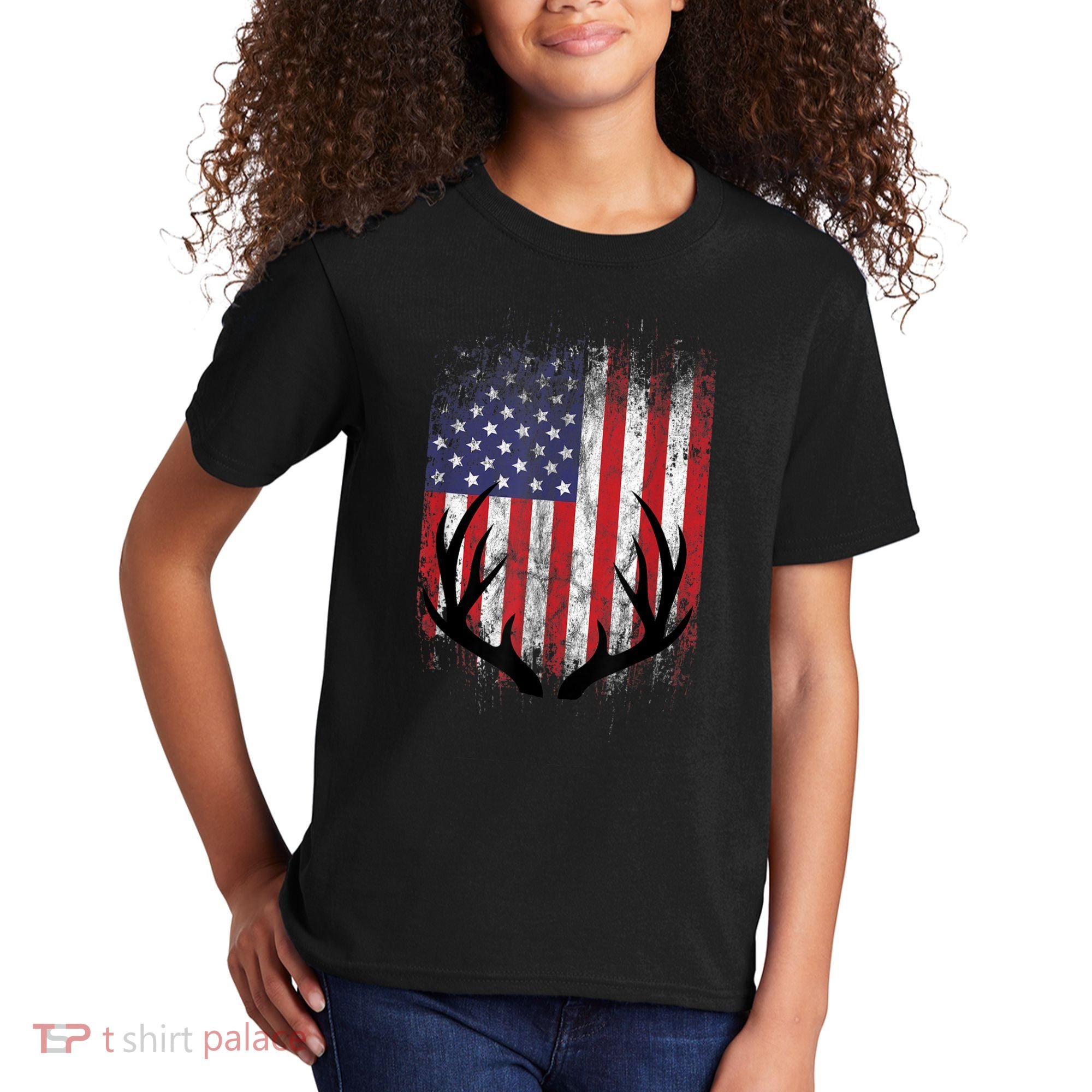 Deer Hunting American Flag Whitetail Buck Antlers Kids T-Shirt