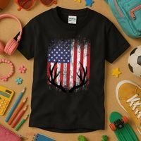 Deer Hunting American Flag Whitetail Buck Antlers Kids T-Shirt thumb 3