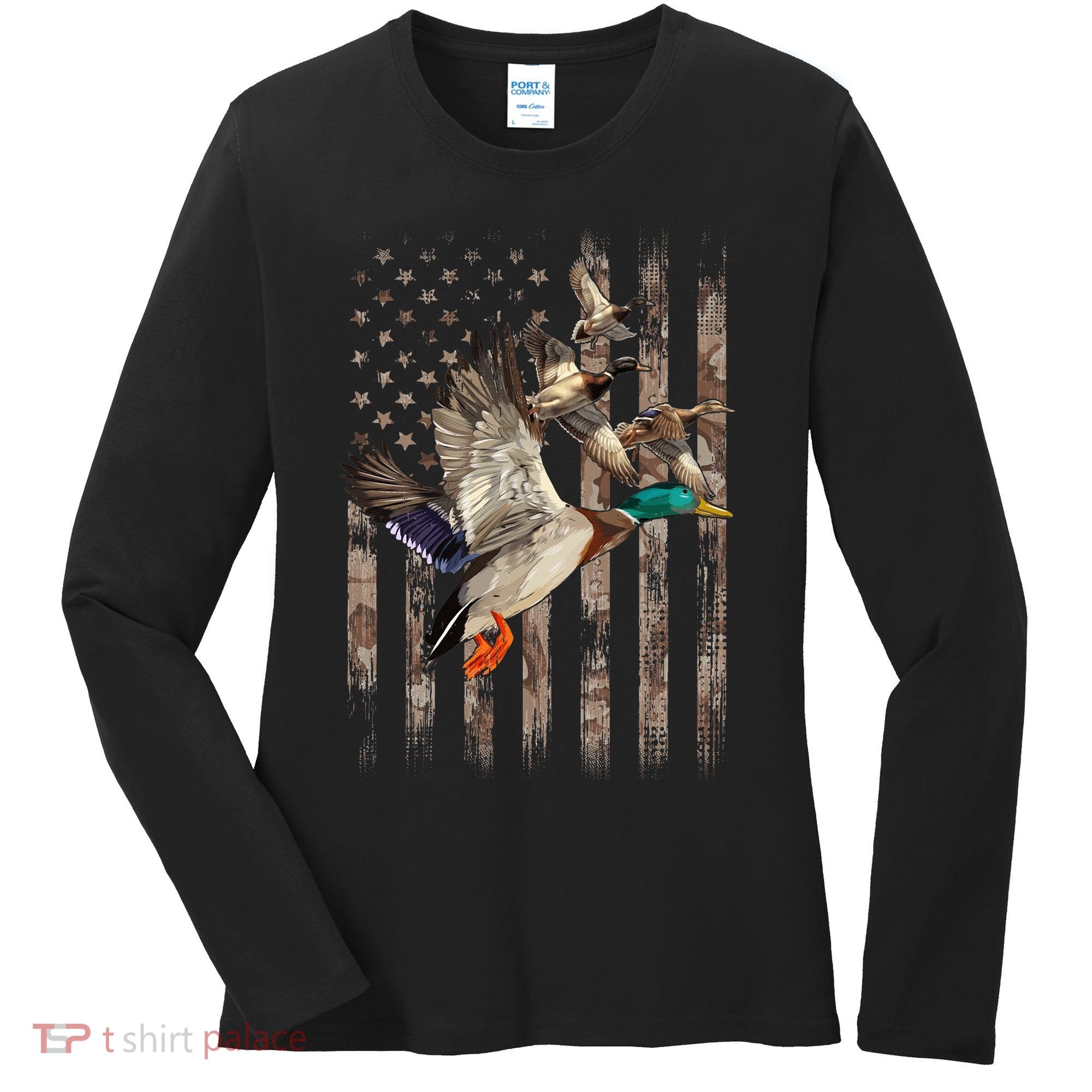 Duck Hunter American Flag Waterfowl Hunting Camouflage Women's Long Sleeve Shirt