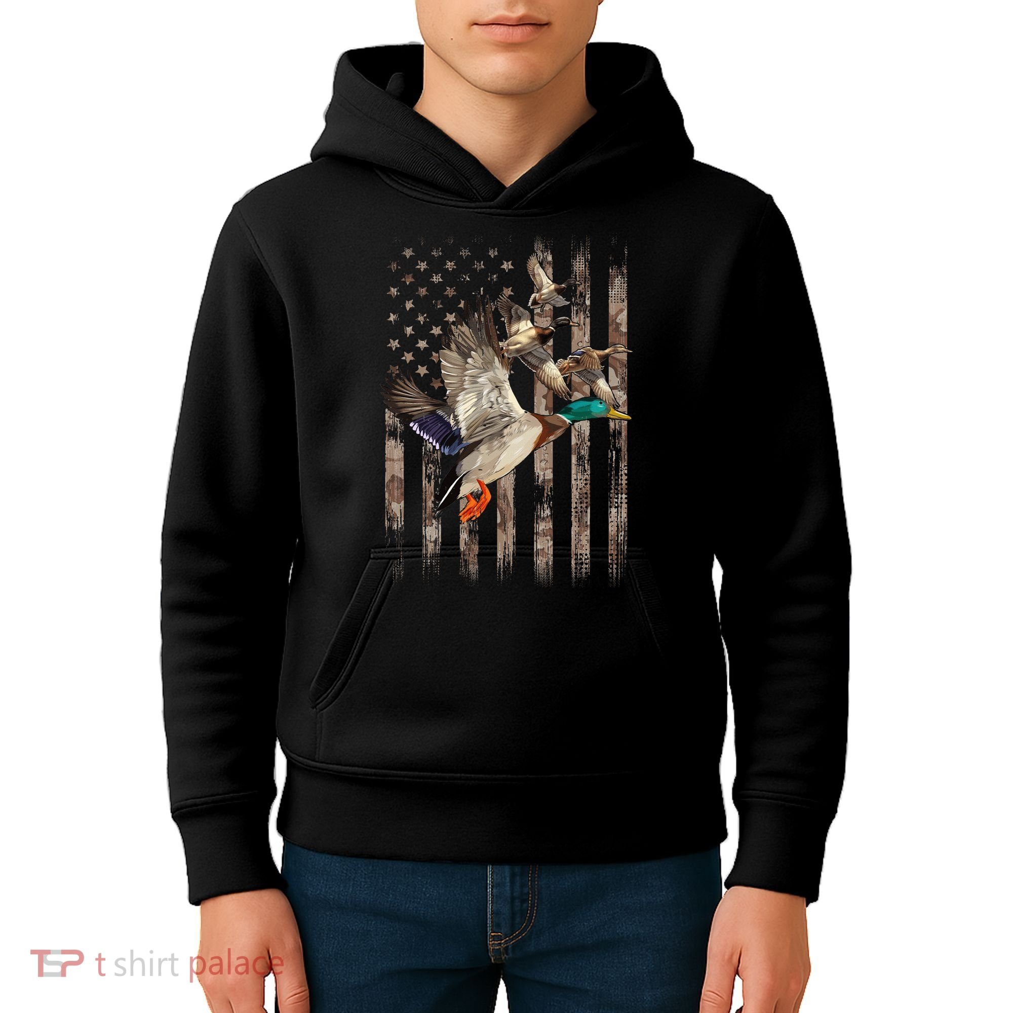 Duck Hunter American Flag Waterfowl Hunting Camouflage Kids Hoodie