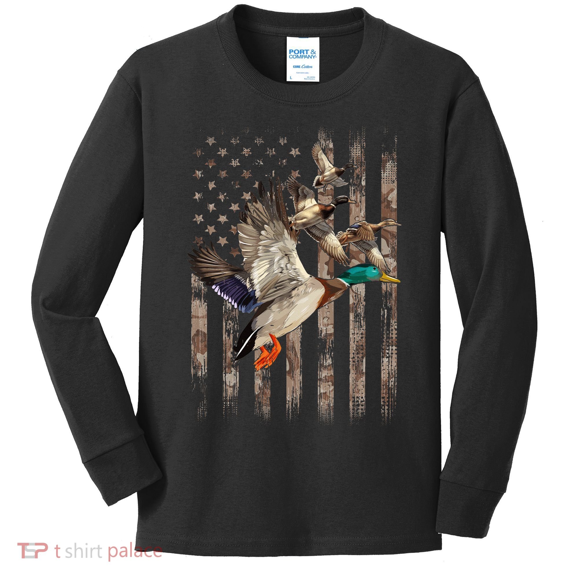 Duck Hunter American Flag Waterfowl Hunting Camouflage Kids Long Sleeve Shirt