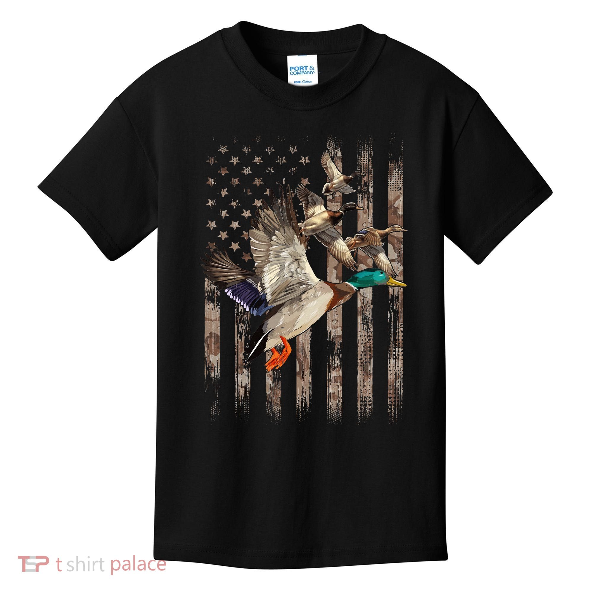 Duck Hunter American Flag Waterfowl Hunting Camouflage Kids T-Shirt