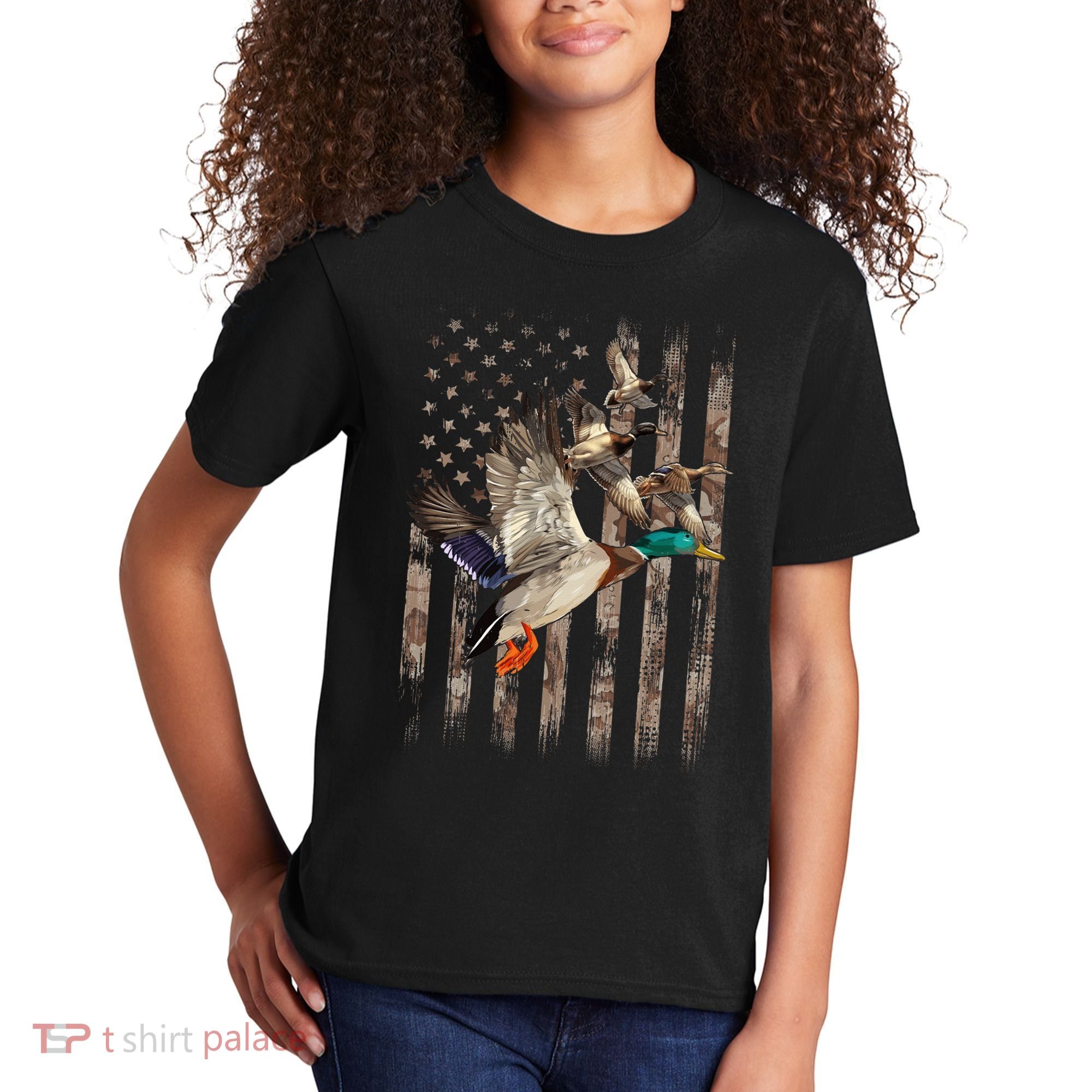 Duck Hunter American Flag Waterfowl Hunting Camouflage Kids T-Shirt