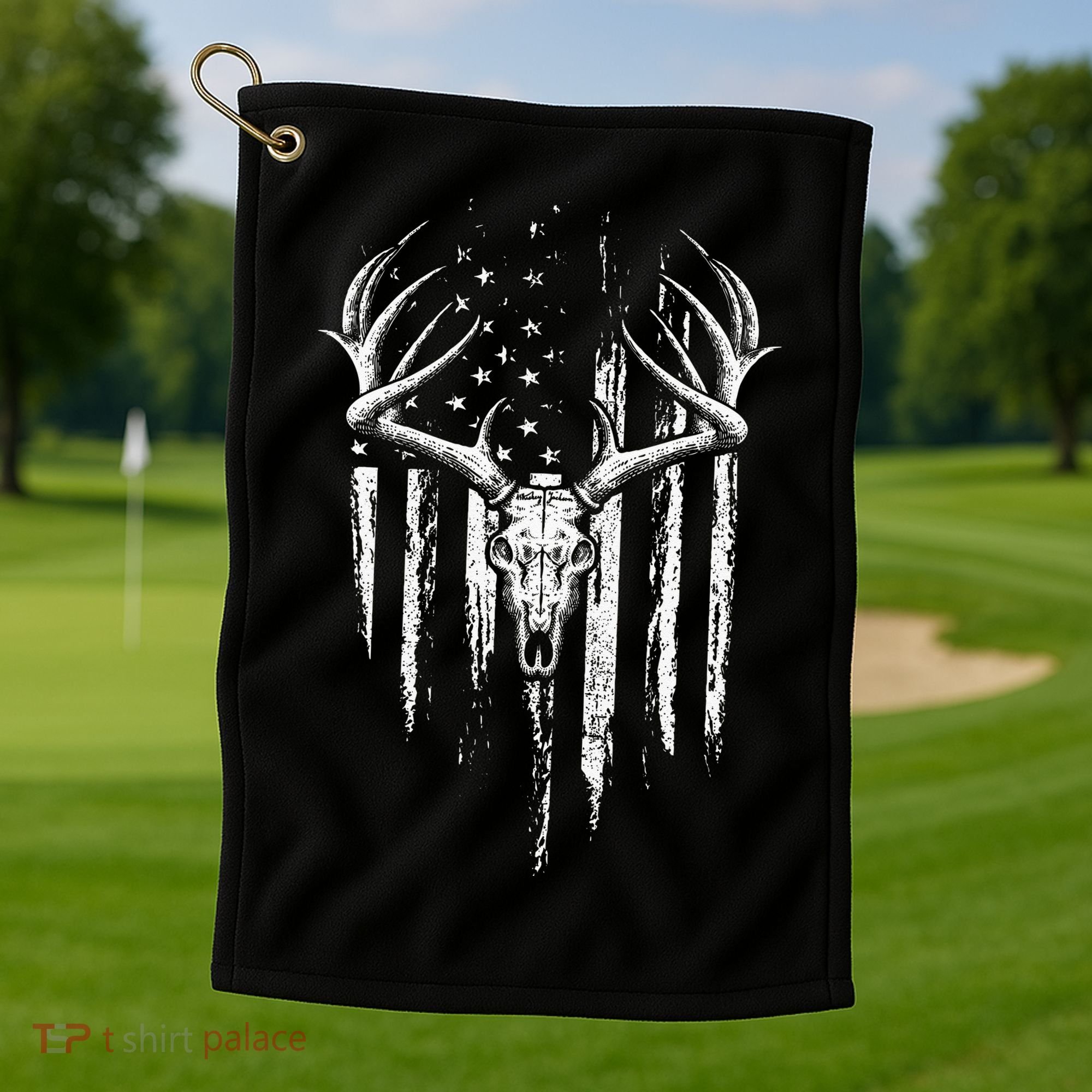 Deer Hunting American Flag Bowhunting Whitetail Bow Hunter Golf Towel