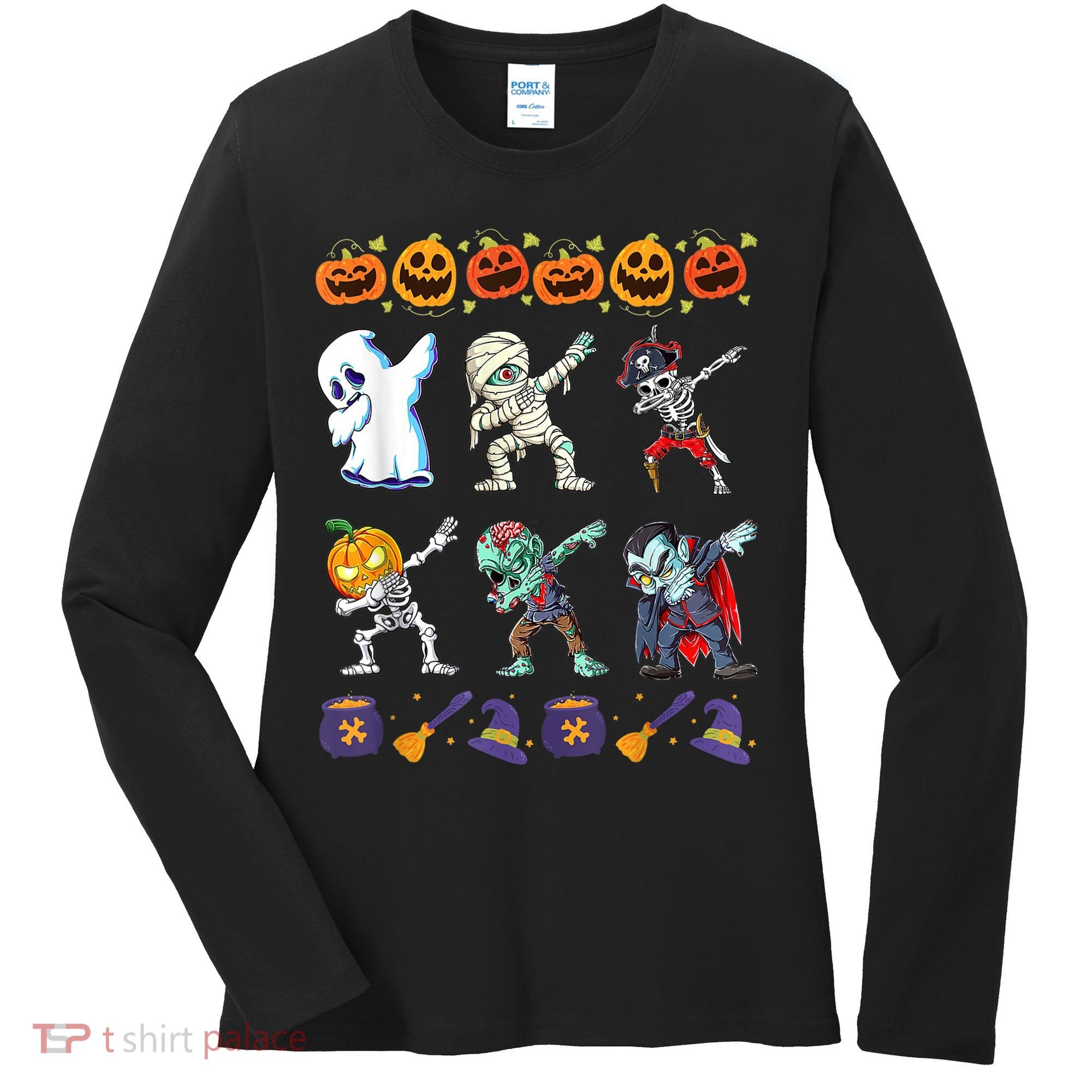 Dabbing Halloween Boys Skeleton Zombie Scary Pumpkin Mummy Women's Long Sleeve Shirt