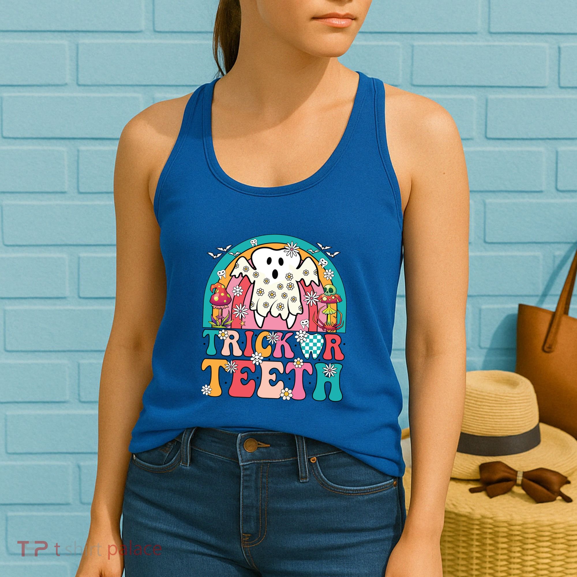 Dentist Halloween Boo Ghost Retro Groovy Trick Or Teeth Gift Women's Tank Top