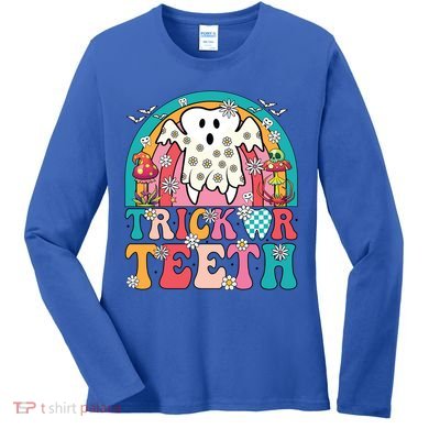 Dentist Halloween Boo Ghost Retro Groovy Trick Or Teeth Gift Women's Long Sleeve Shirt