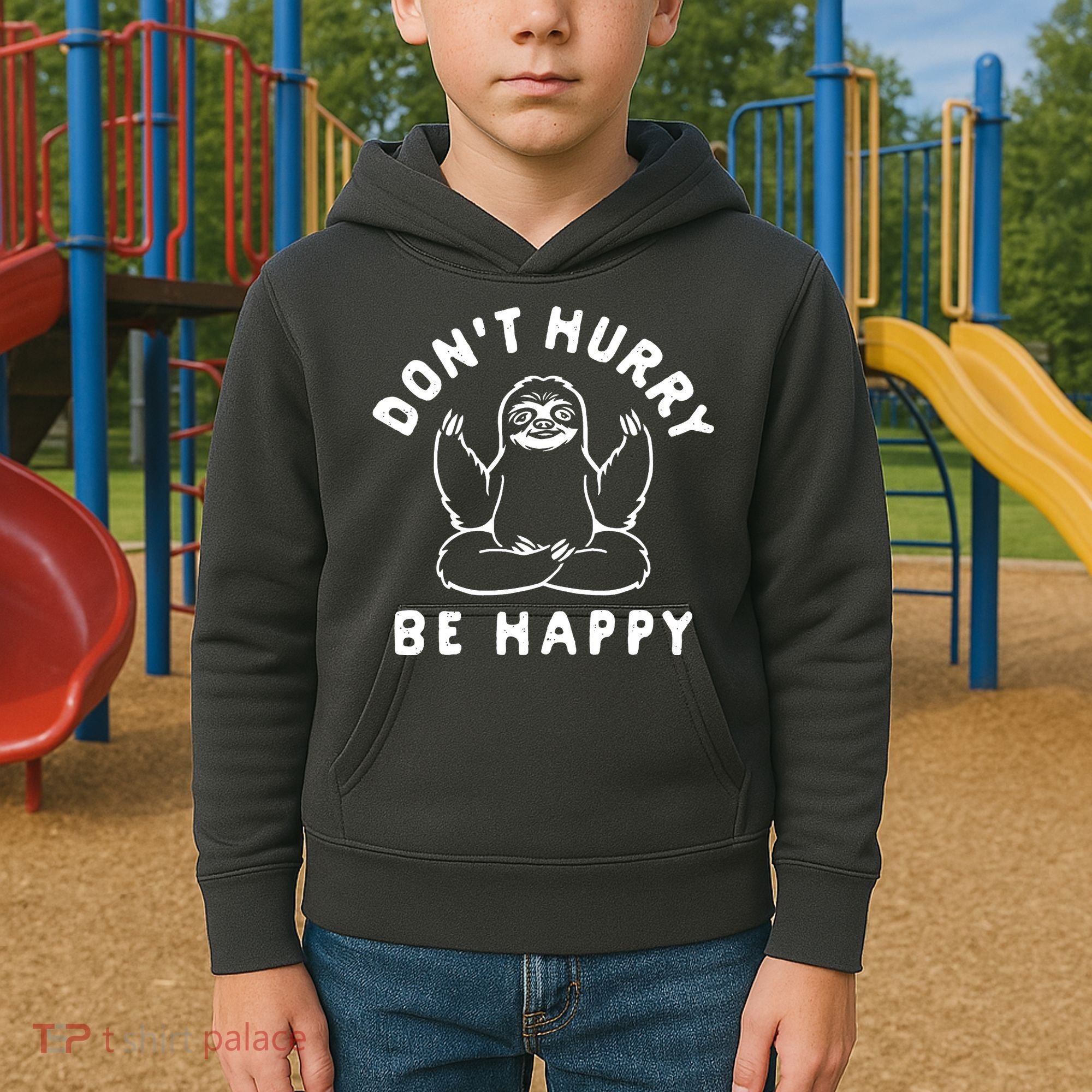 Don't Hurry Be Happy Sloth Kids Hoodie