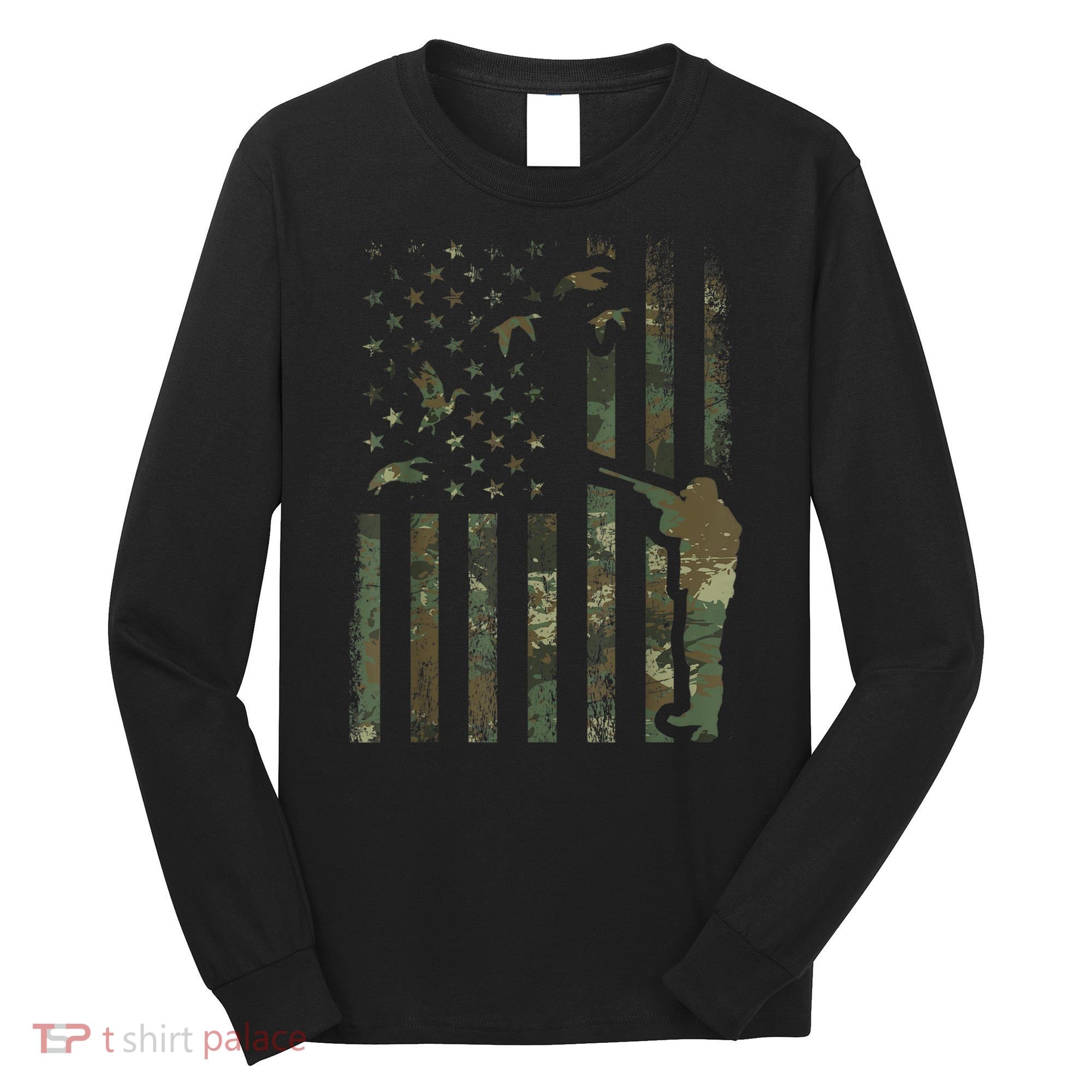 Duck Hunting Camo Men Camouflage Hunter American Flag Long Sleeve Shirt