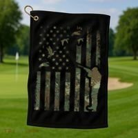 Duck Hunting Camo Men Camouflage Hunter American Flag Golf Towel thumb 1