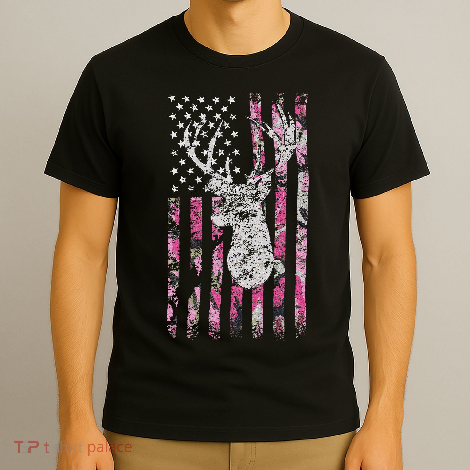 Deer Hunting Camo American Flag Buck T-Shirt