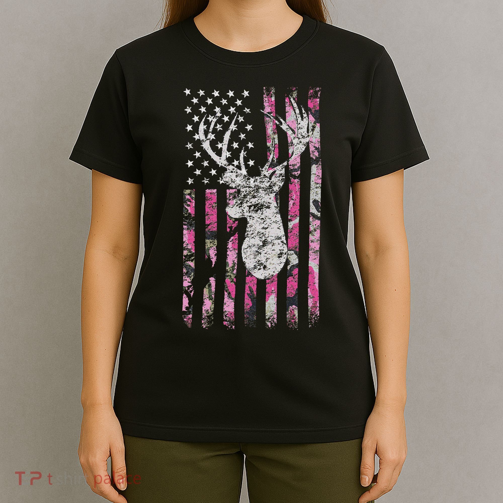 Deer Hunting Camo American Flag Buck T-Shirt