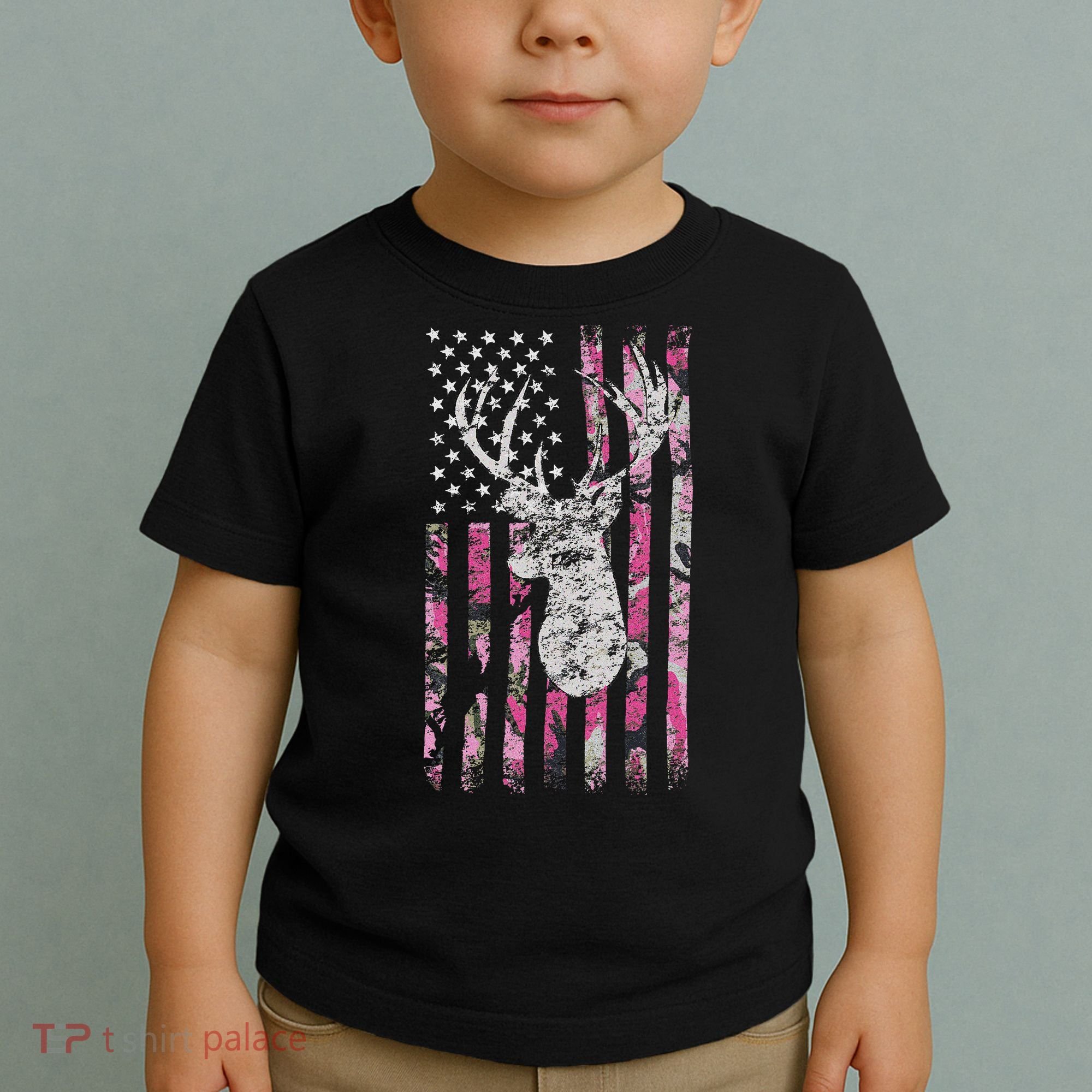 Deer Hunting Camo American Flag Buck Toddler T-Shirt