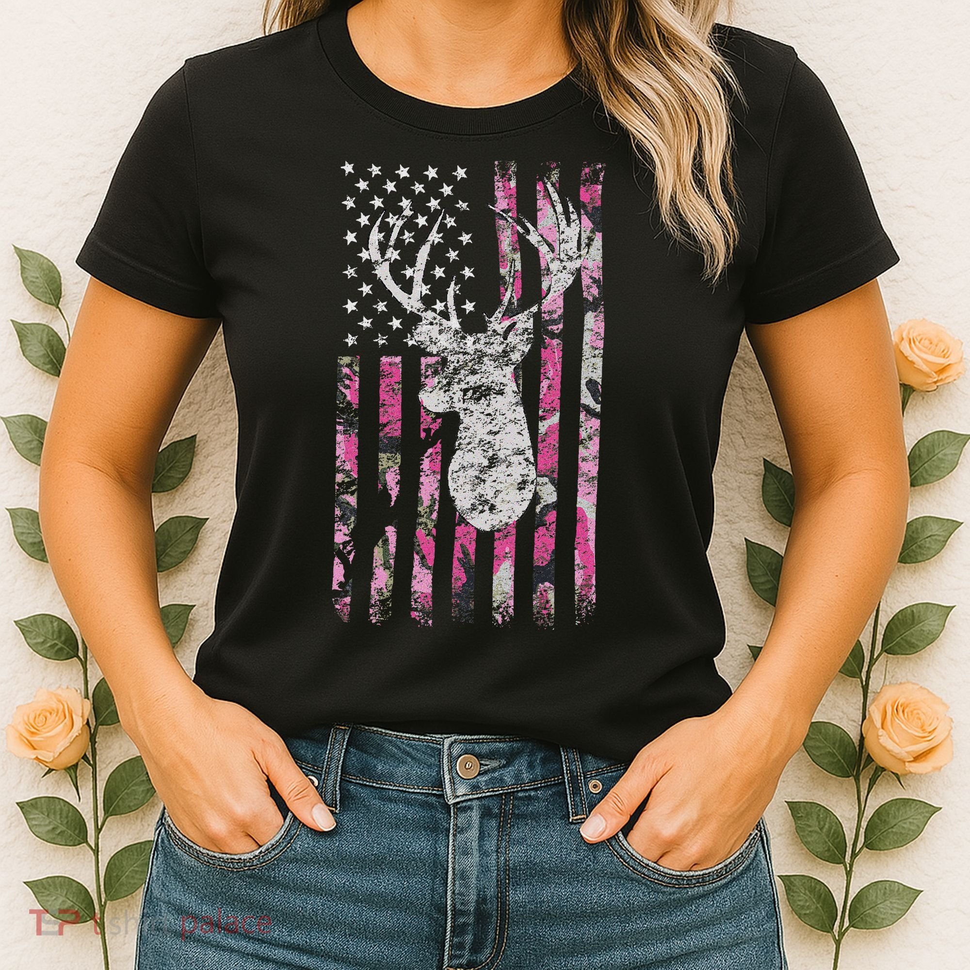 Deer Hunting Camo American Flag Buck Women's T-Shirt