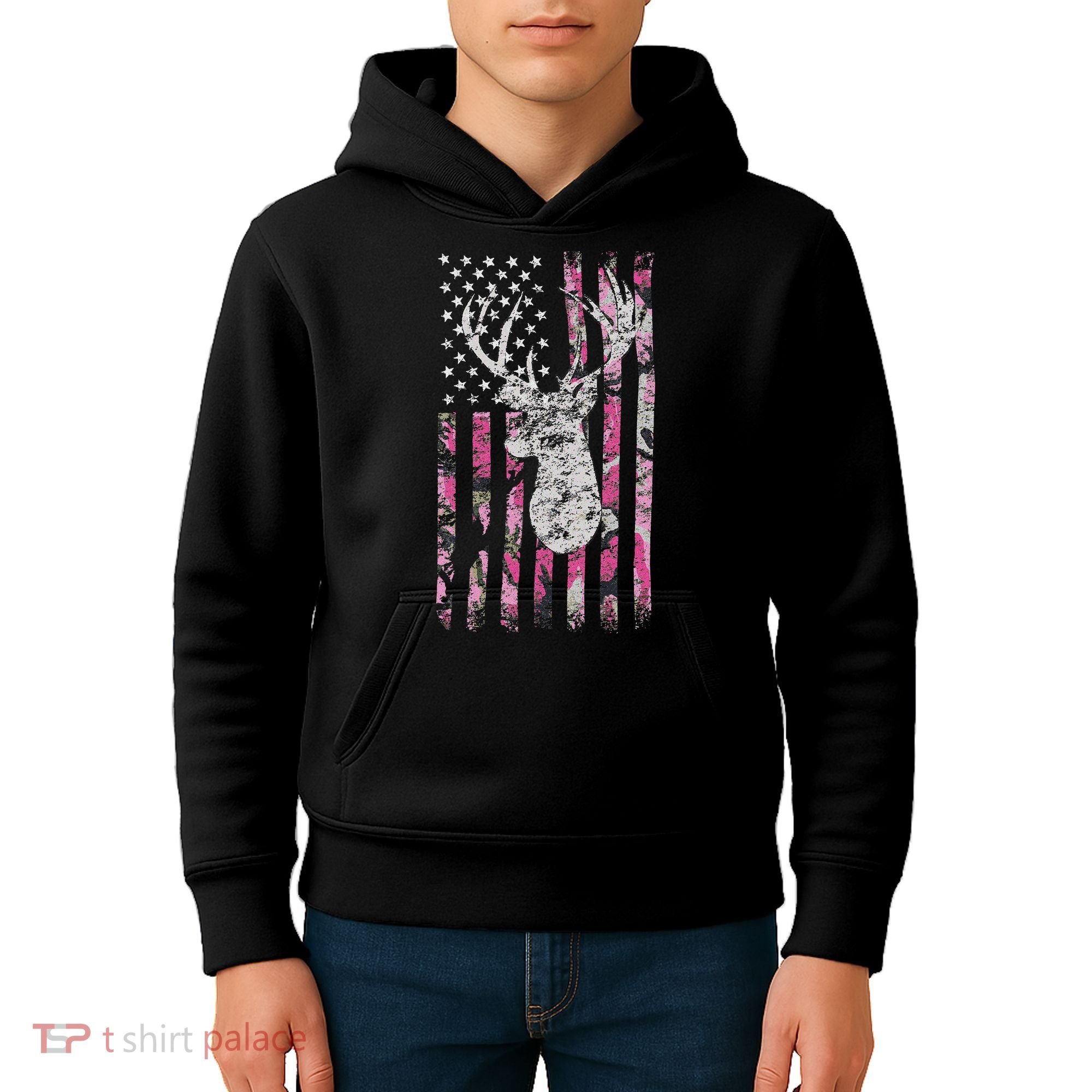 Deer Hunting Camo American Flag Buck Kids Hoodie