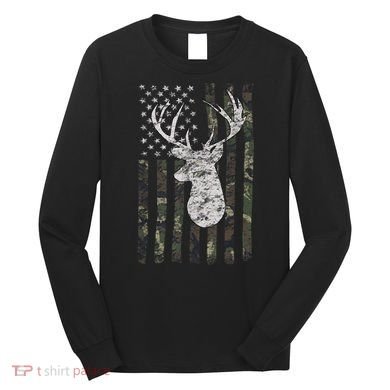 Deer Hunting Camo American Flag Long Sleeve Shirt