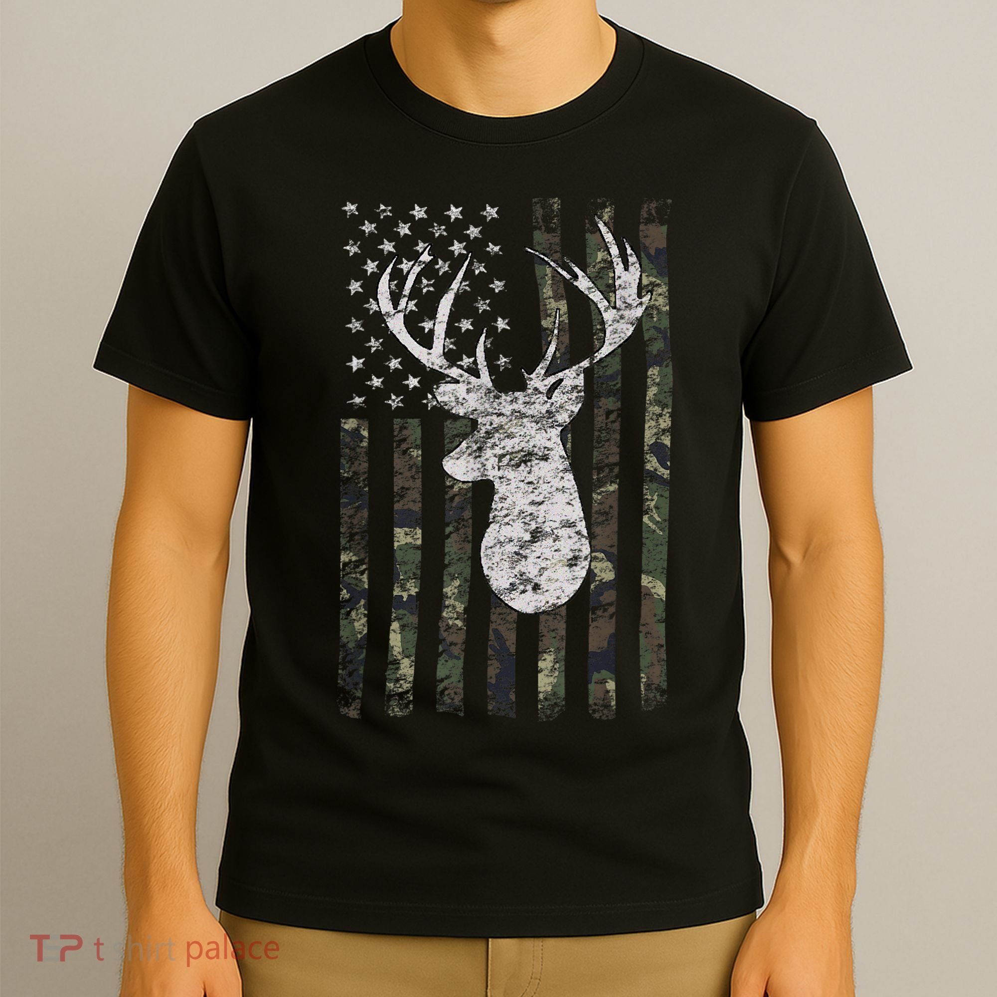 Deer Hunting Camo American Flag T-Shirt