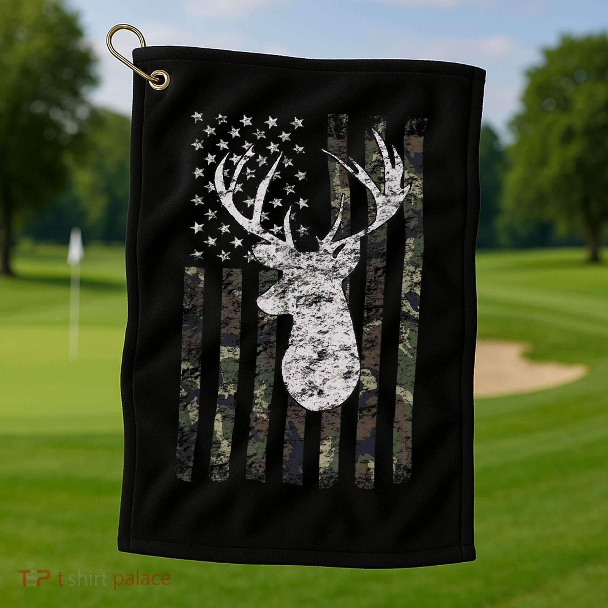 Deer Hunting Camo American Flag Golf Towel