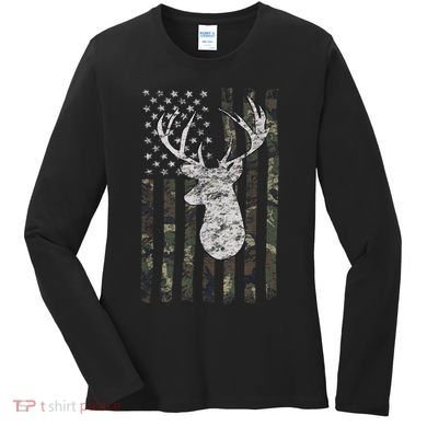 Deer Hunting Camo American Flag Women's Long Sleeve Shirt