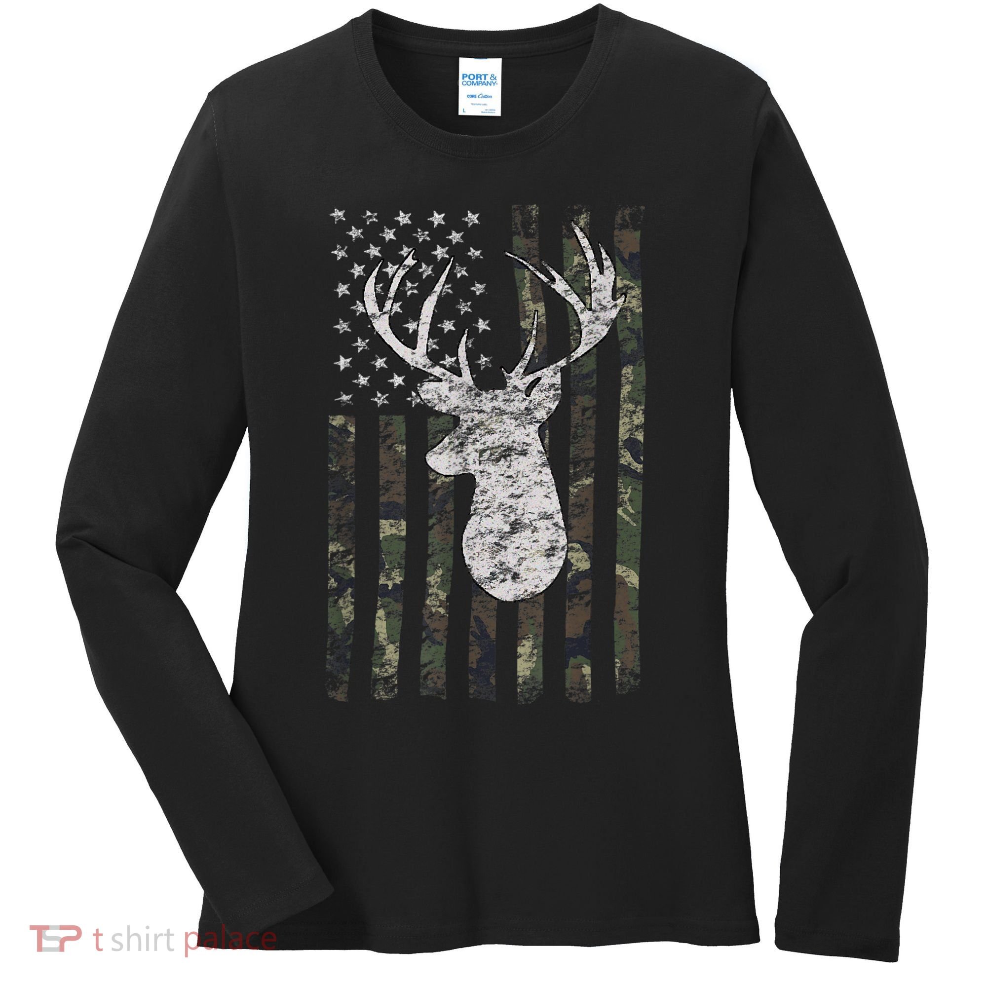 Deer Hunting Camo American Flag Women's Long Sleeve Shirt