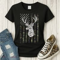 Deer Hunting Camo American Flag Women's T-Shirt thumb 3
