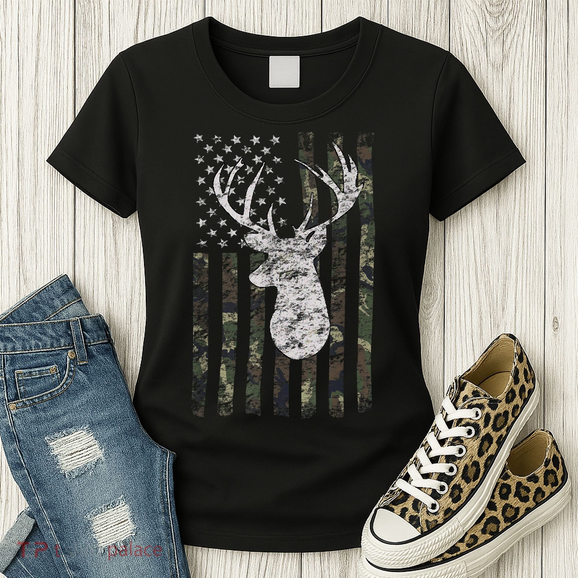 Deer Hunting Camo American Flag Women's T-Shirt