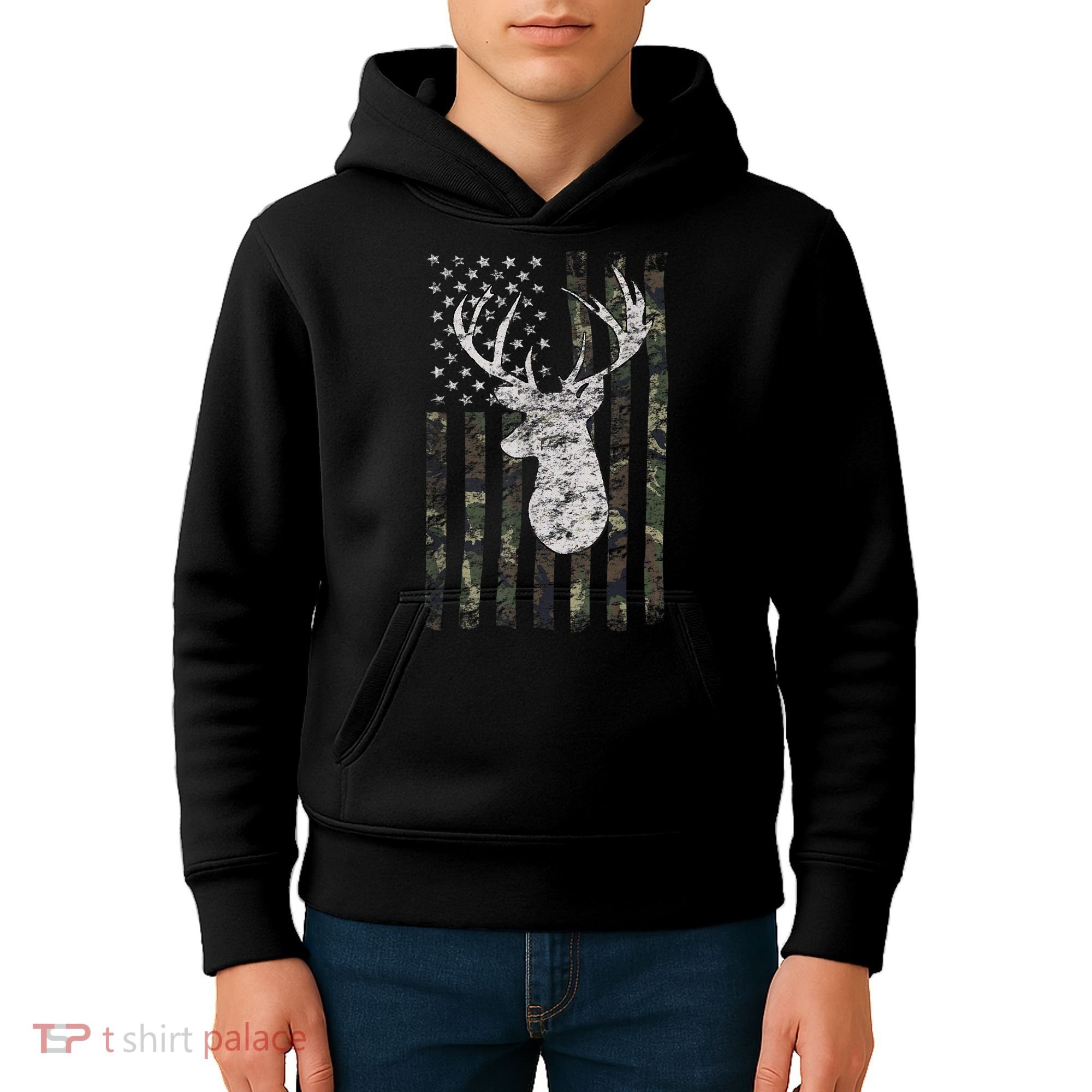 Deer Hunting Camo American Flag Kids Hoodie
