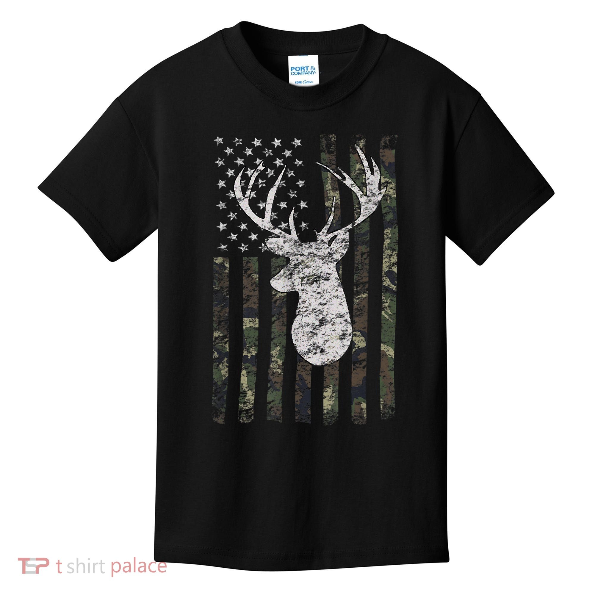 Deer Hunting Camo American Flag Kids T-Shirt