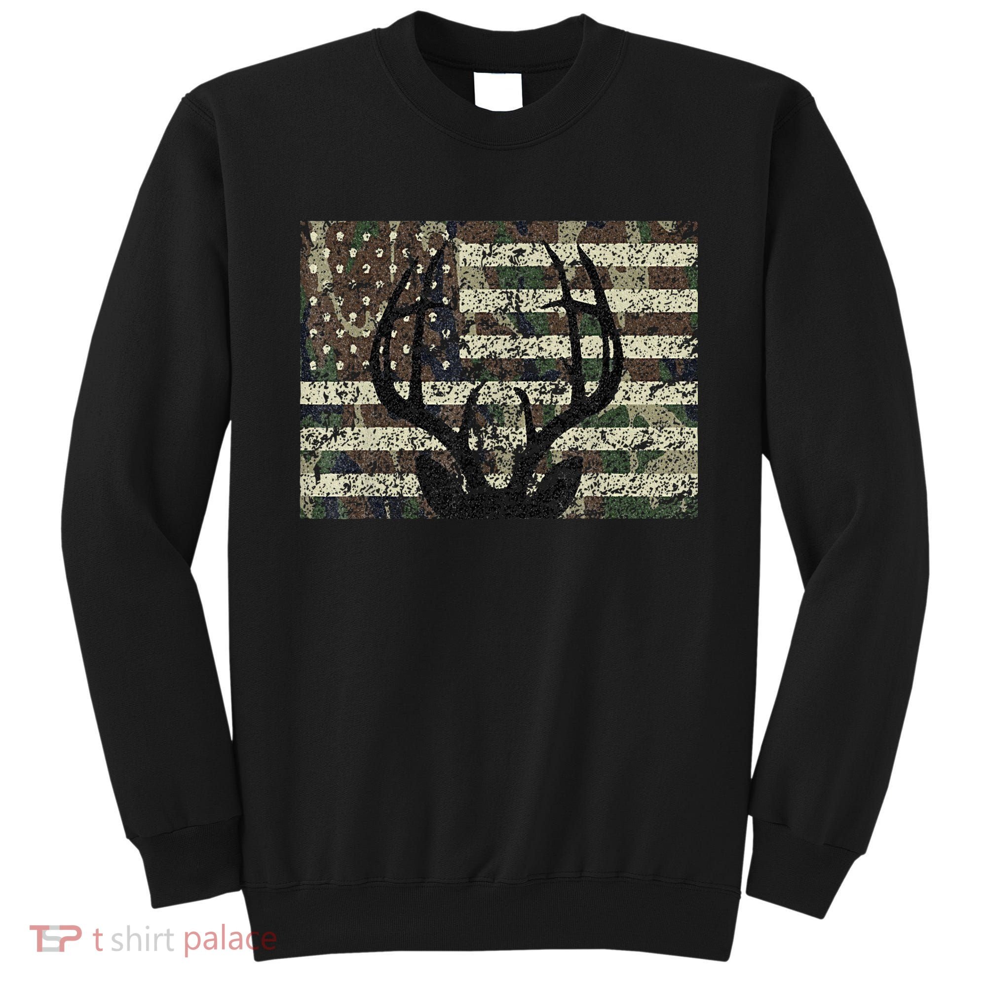 Deer Hunting Camo American Flag Buck Antlers Hunter Country Sweatshirt