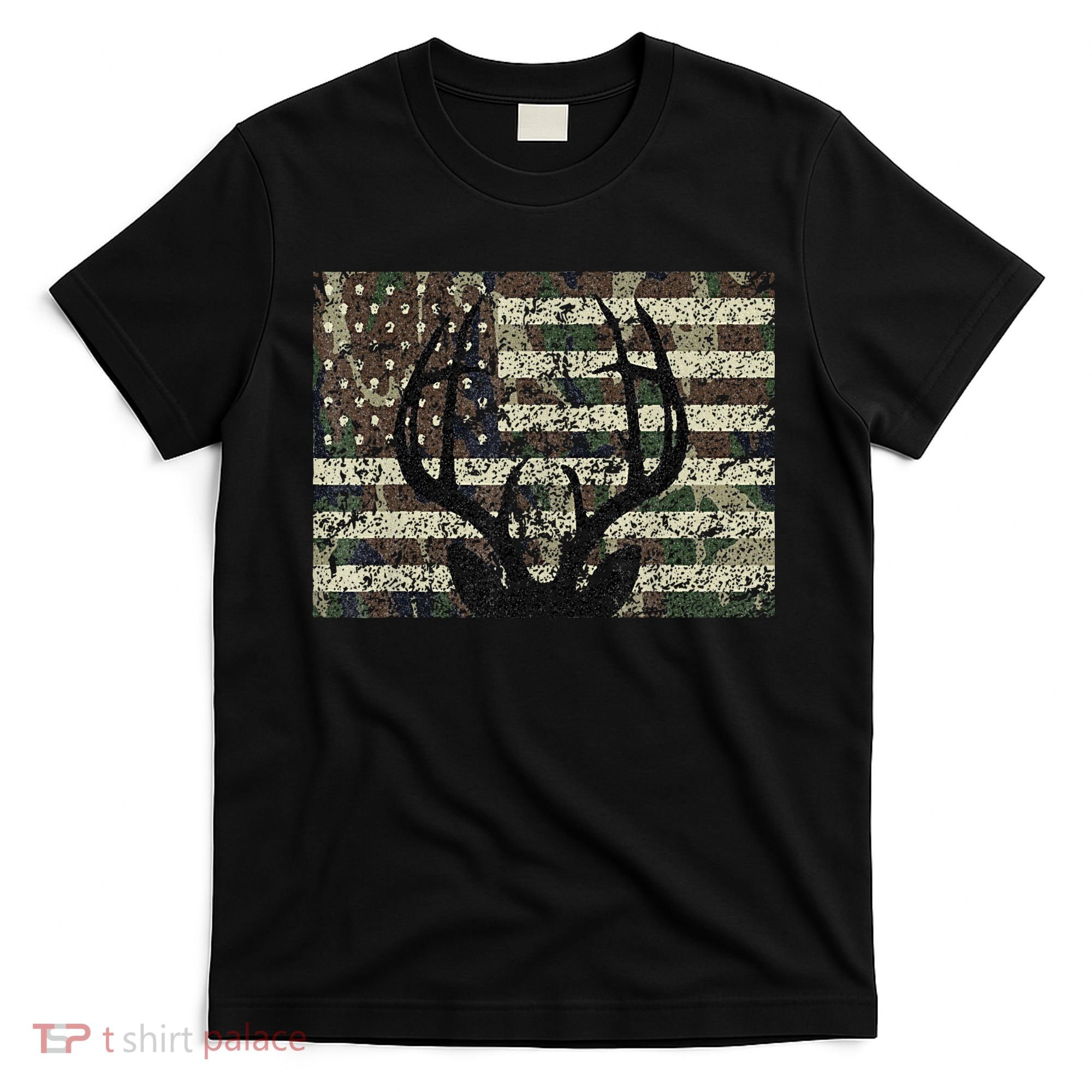 Deer Hunting Camo American Flag Buck Antlers Hunter Country T-Shirt