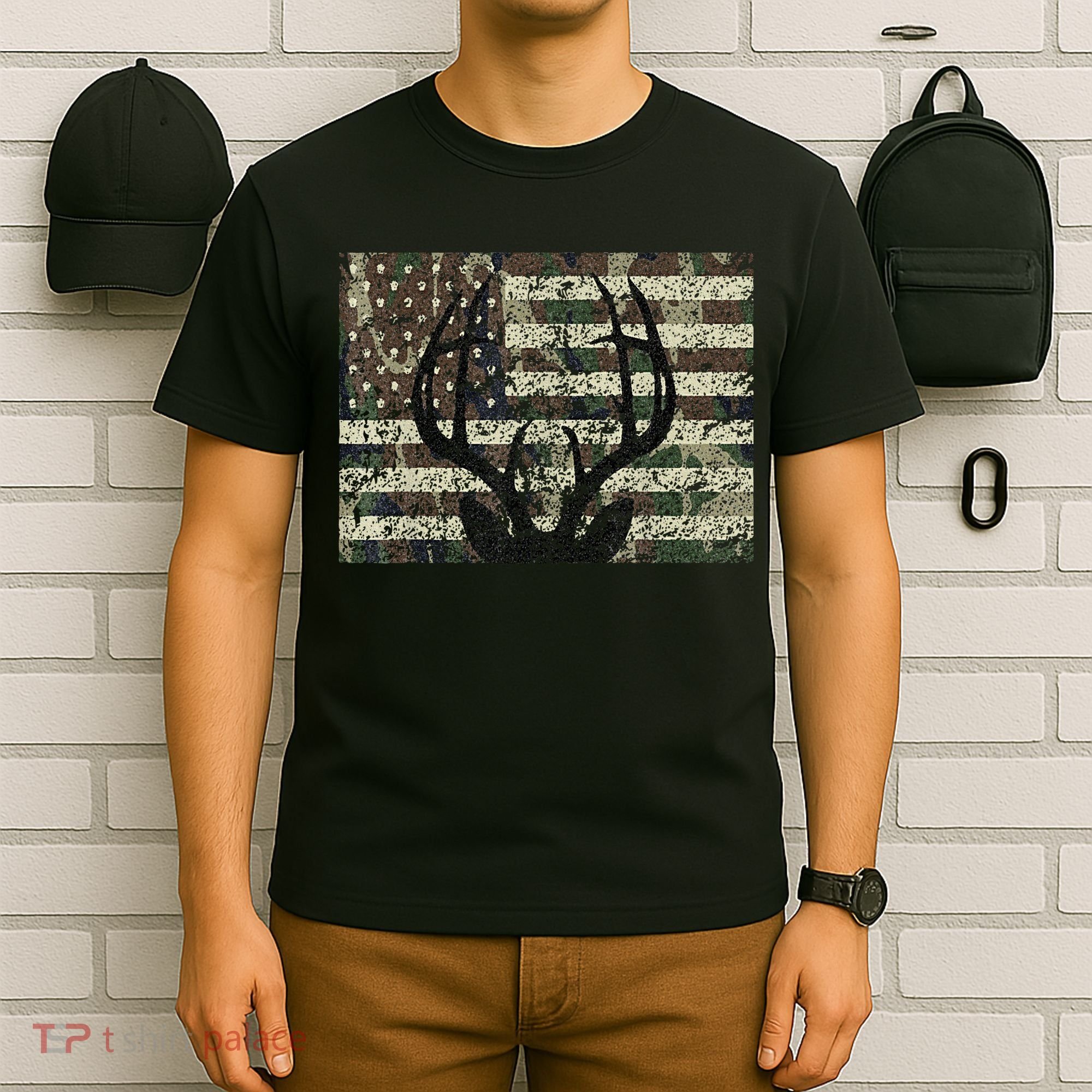 Deer Hunting Camo American Flag Buck Antlers Hunter Country T-Shirt