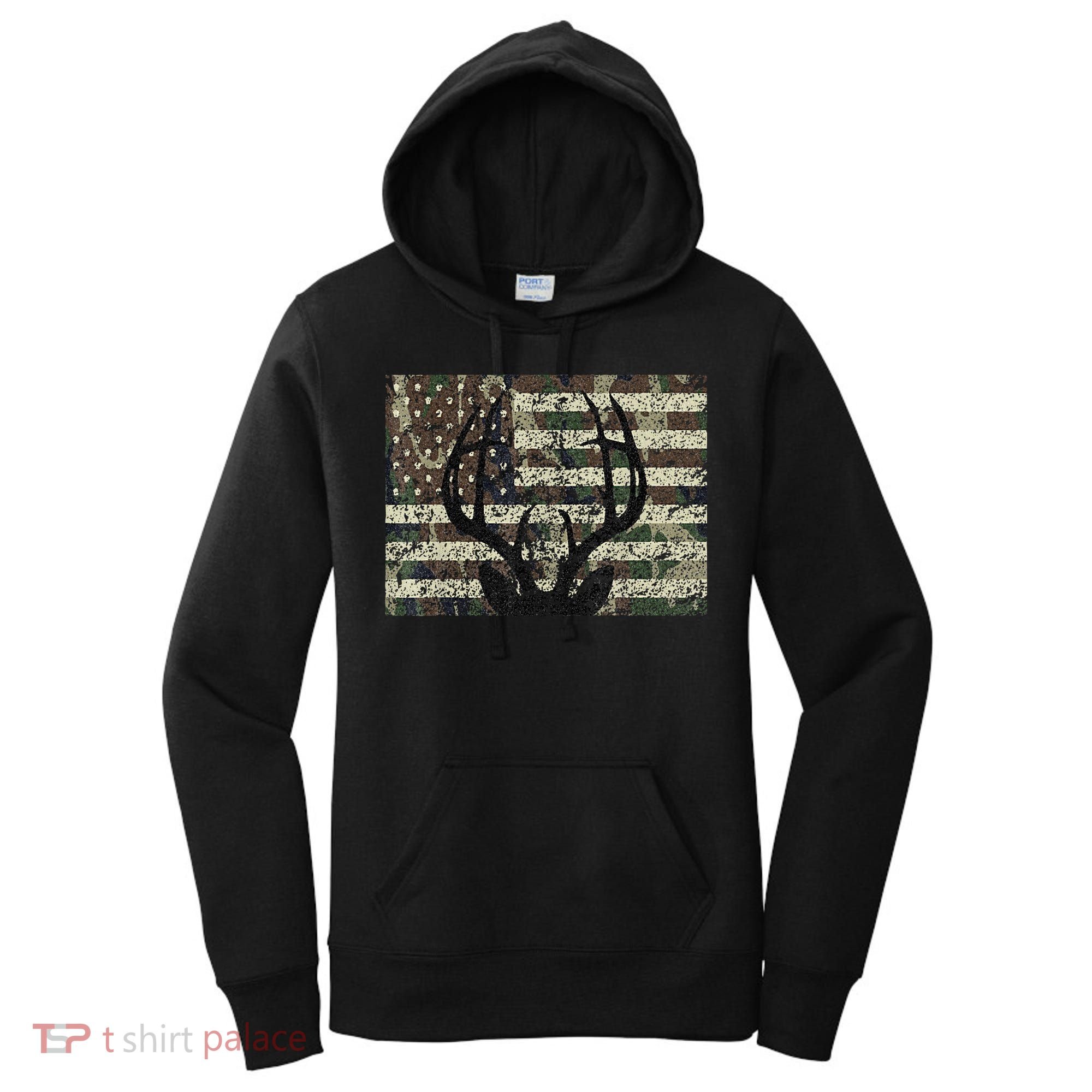 Deer Hunting Camo American Flag Buck Antlers Hunter Country Women's Hoodie