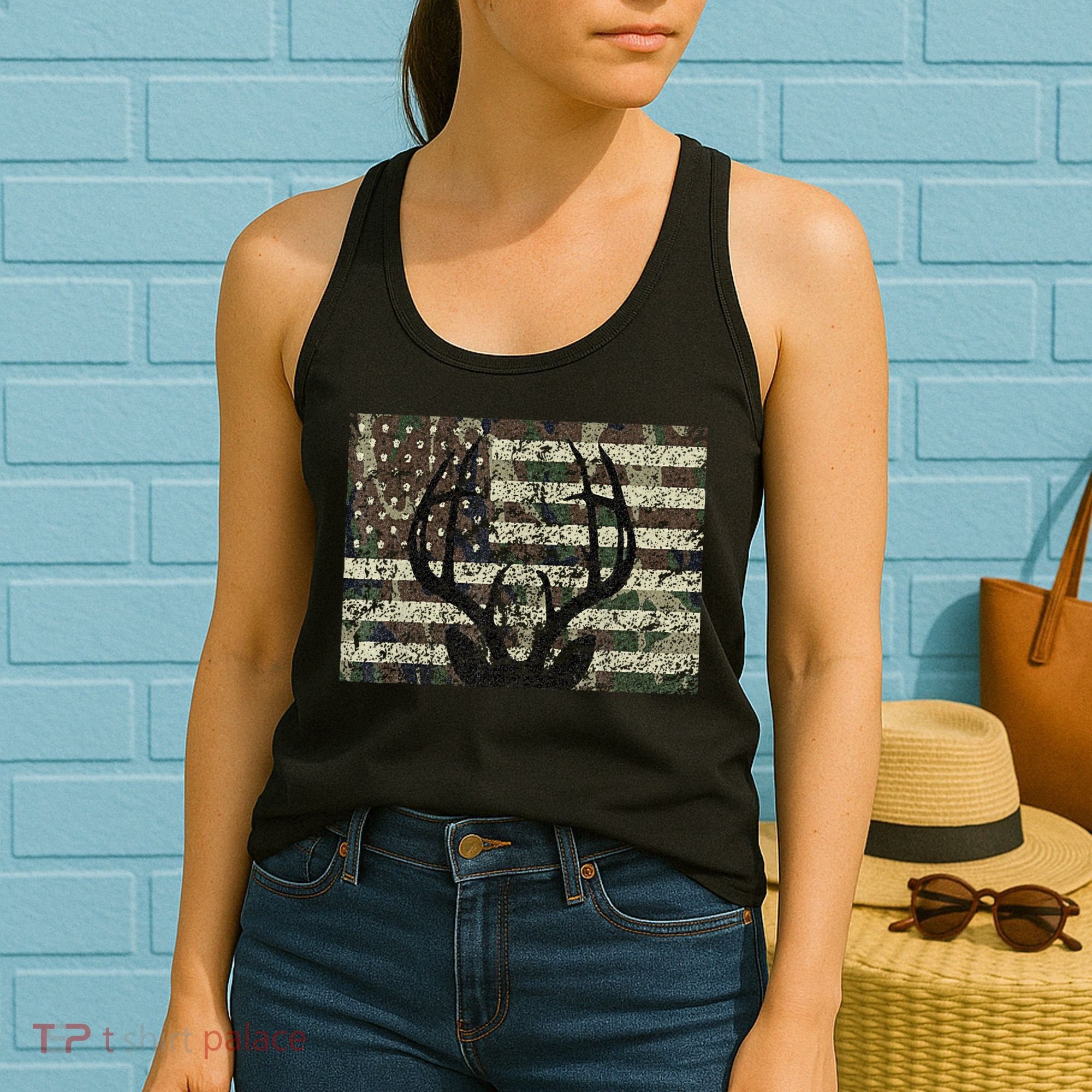 Deer Hunting Camo American Flag Buck Antlers Hunter Country Women's Tank Top