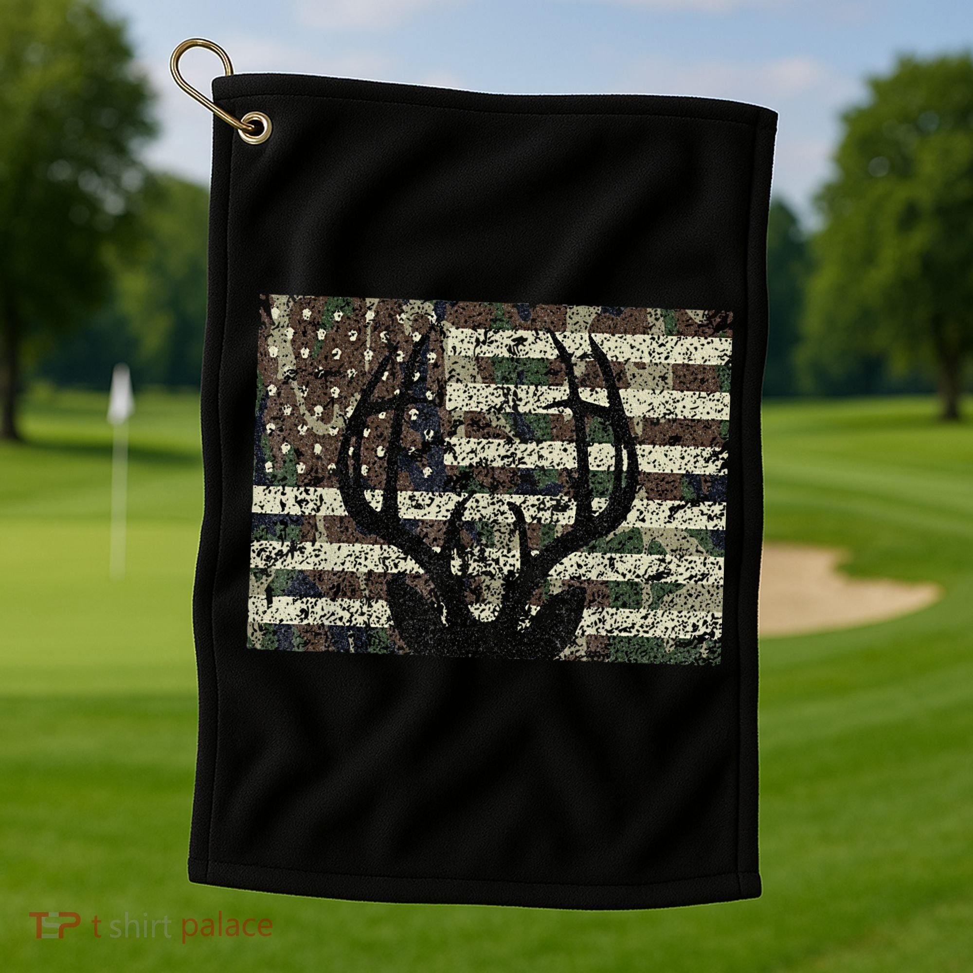 Deer Hunting Camo American Flag Buck Antlers Hunter Country Golf Towel